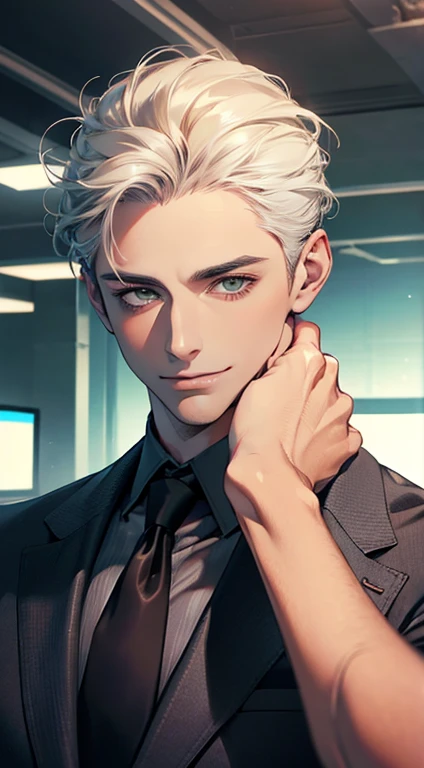 (Highest quality,4K,8K,High resolution,masterpiece:1.2),Super detailed,(Realistic,photoRealistic,photo-Realistic:1.37),1 person,34 years old,Mature Men,Beautiful skin、very handsome,Expressionless smile in love,Short white hair,green eyes,Sharp Eyes,A perfect face without a doubt,Businessman, CEO, Office Background,Cinema Lighting,HDR image,tie、