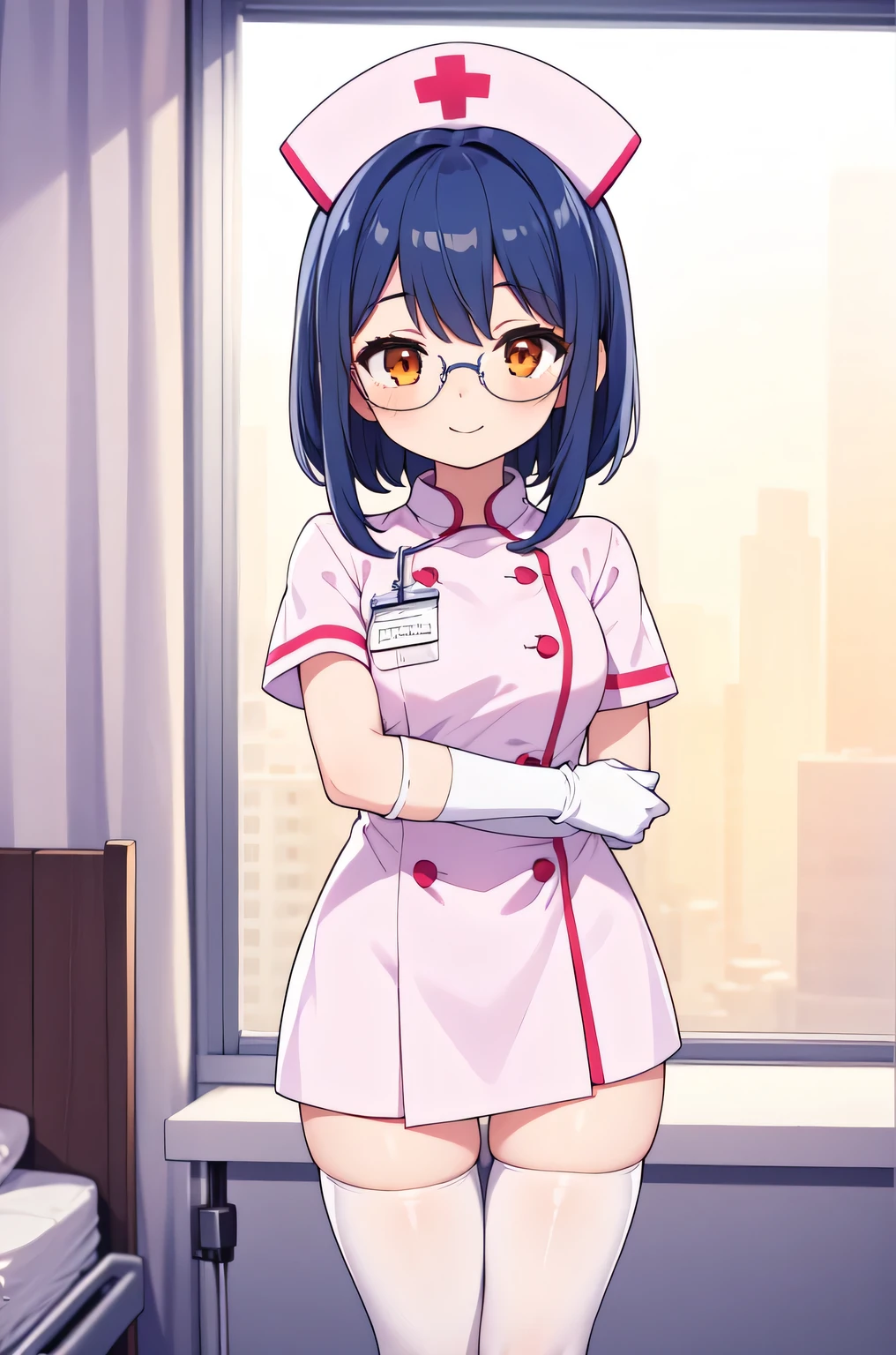 1girl, solo, nurse, nurse cap, white nurse uniform, ((white legwear, zettai ryouiki)), white gloves, glasses, blue hair, orange eyes, smile, standing, ((hospital room)), sharp outline, short sleeves, best quality, masterpiece