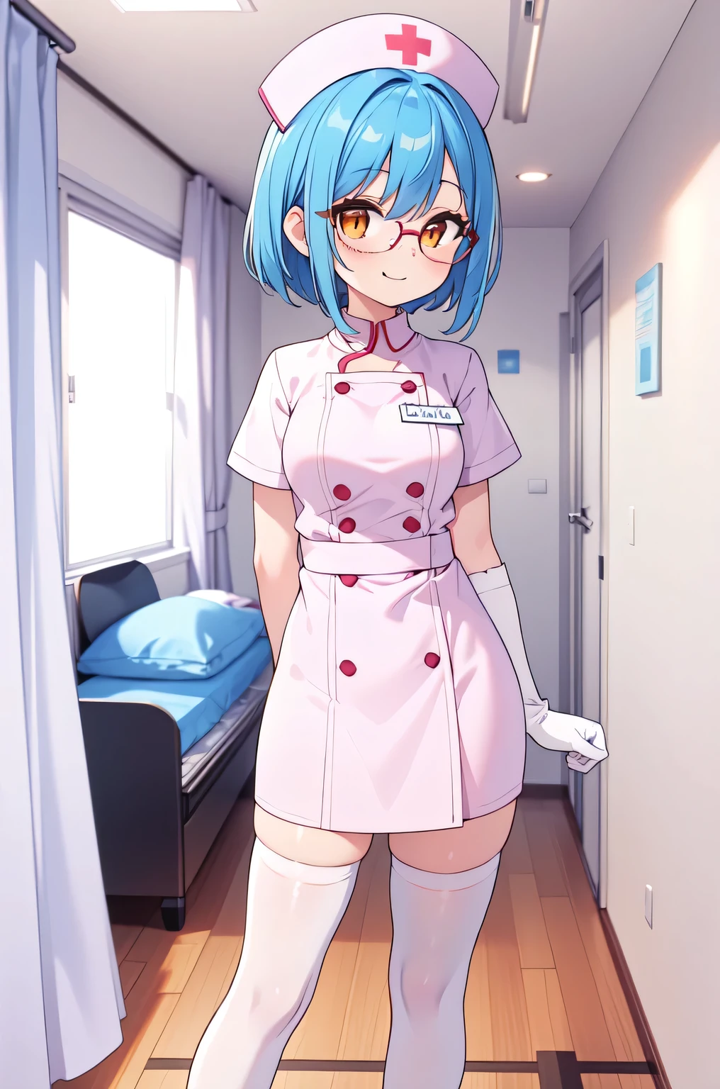 1girl, solo, nurse, nurse cap, white nurse uniform, ((white legwear, zettai ryouiki)), white gloves, glasses, blue hair, orange eyes, smile, standing, ((hospital room)), sharp outline, short sleeves, best quality, masterpiece