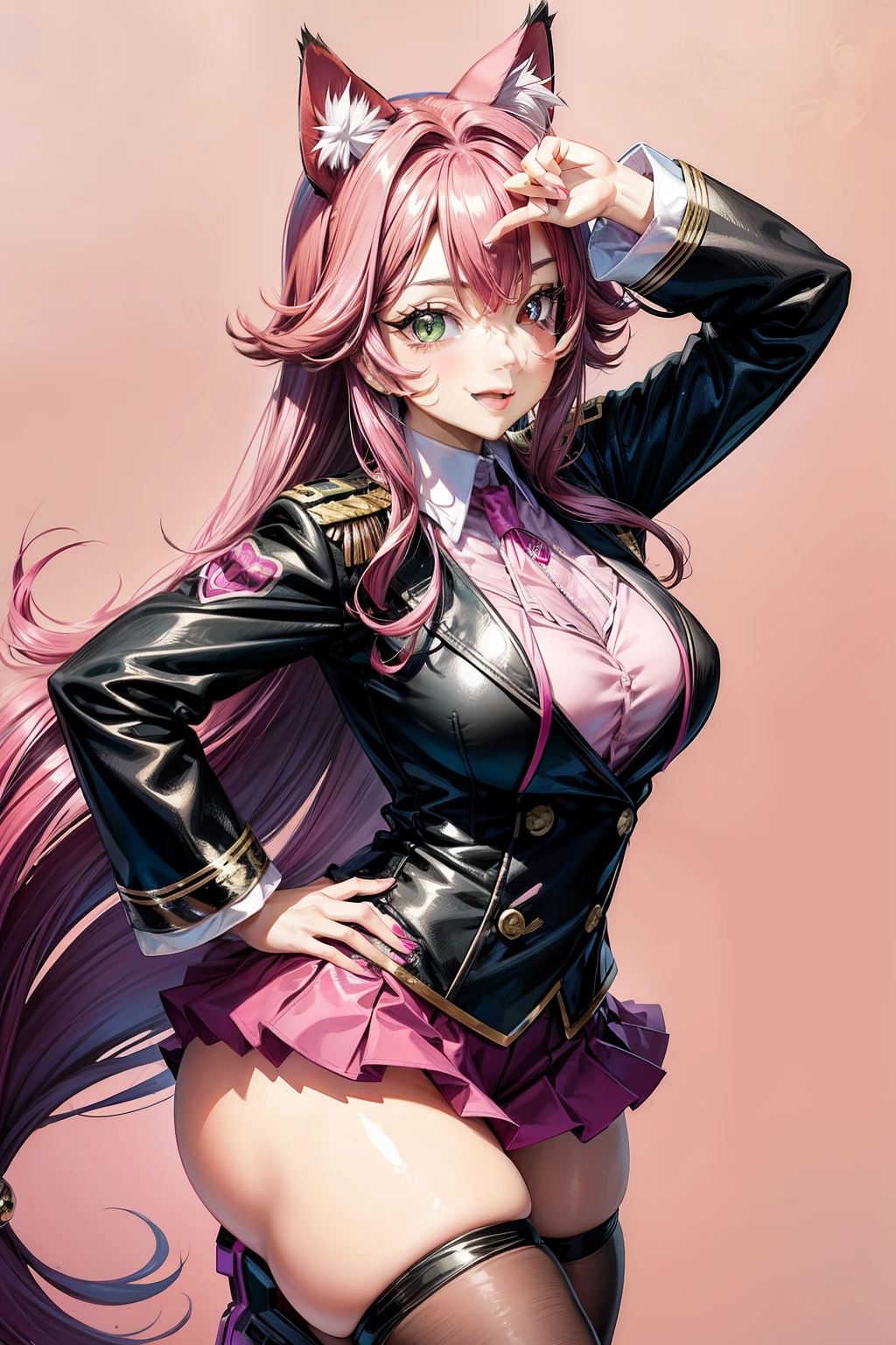Magenta hair, brown eyes, older woman, long thick hair, hair ornaments, happy, cat ears, sexy uniform outfit, pink and green backgrounds, pose, abstract background fantasy