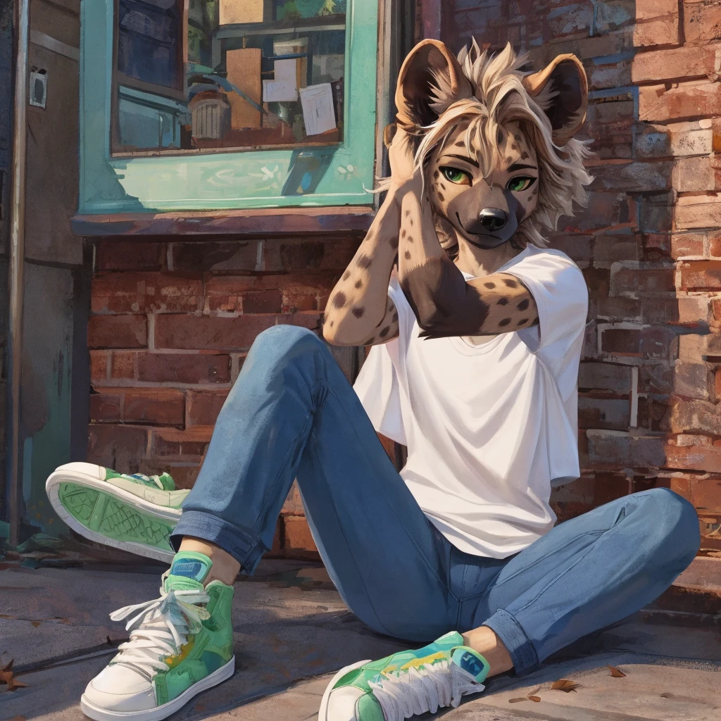 an anthropomorphic sixteen-year-old hyena in a white T-shirt, blue jeans and green sneakers