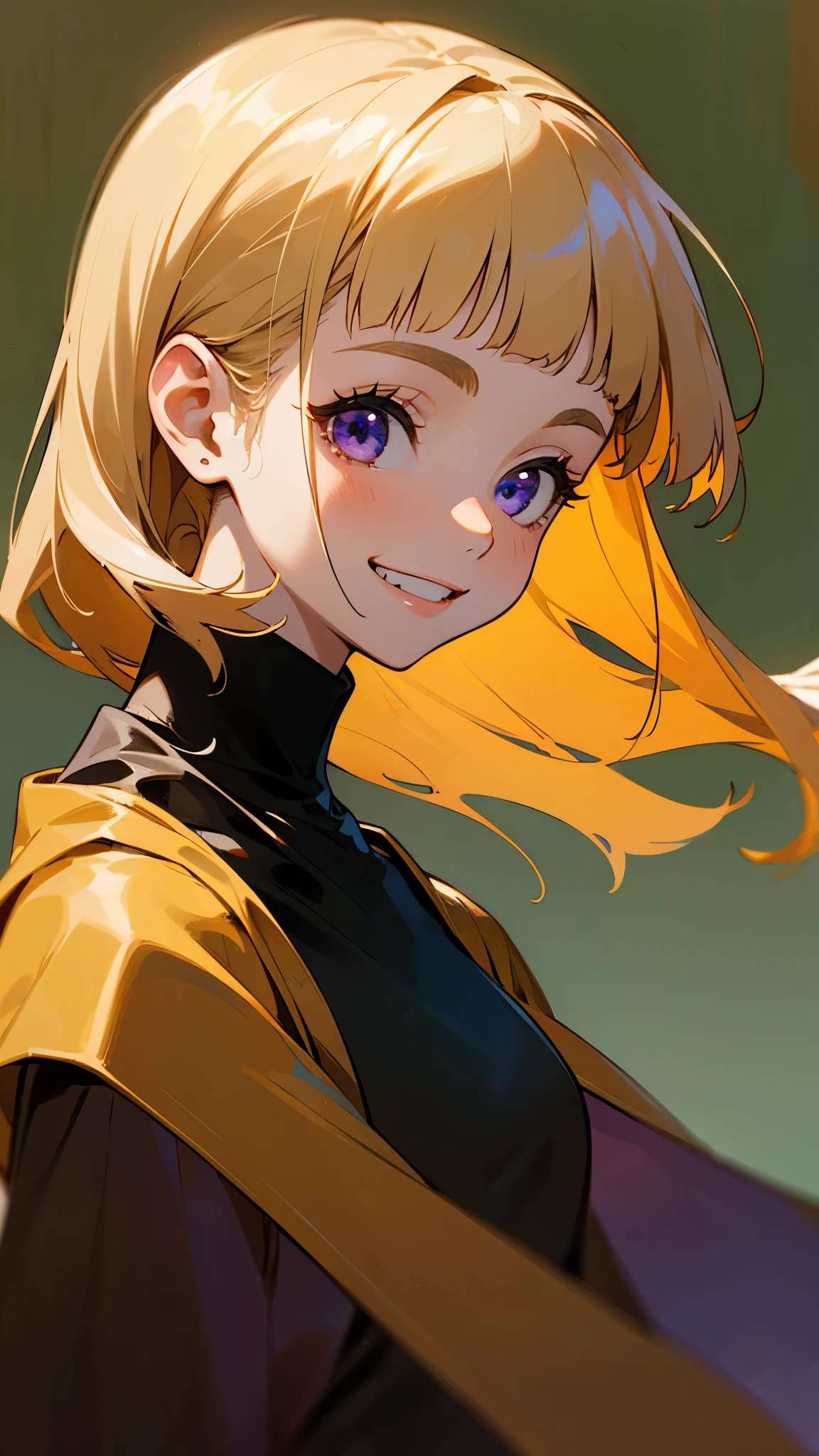 1 Girl、solo、impression、(oil)、Green and orange tones、Blonde、Blunt bangs、Straight hair、Purple eyes、one piece、Long sleeve、Grin、From the side、Upper body close-up