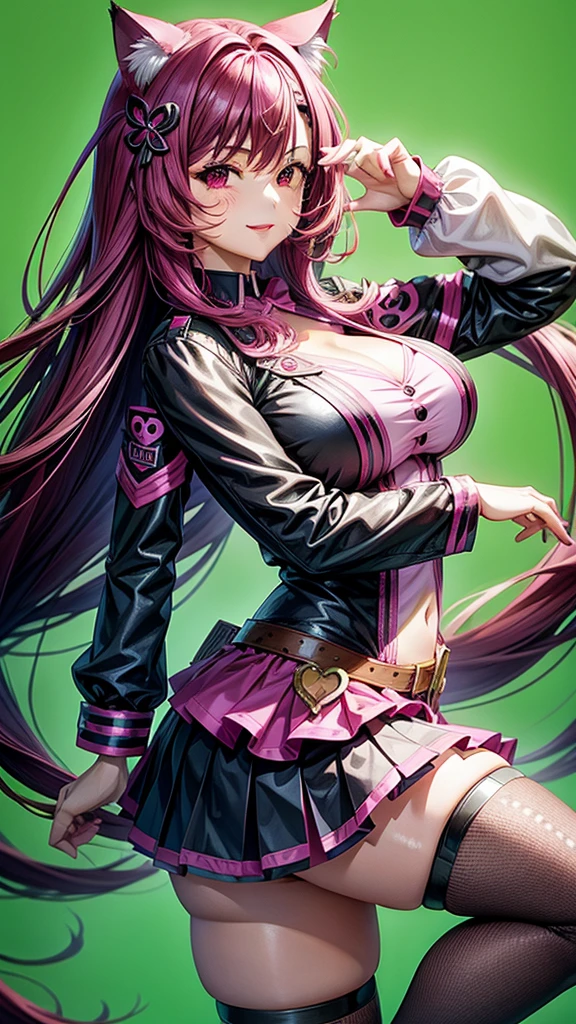 Magenta hair, brown eyes, older woman, long thick hair, hair ornaments, happy, cat ears, sexy uniform outfit, pink and green backgrounds, pose, abstract background fantasy