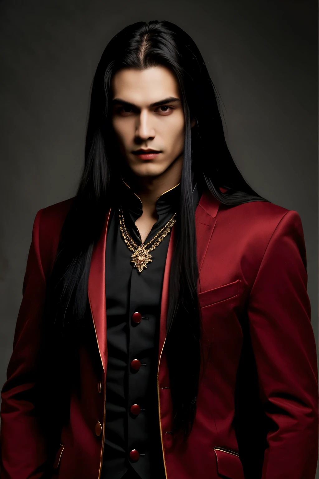 ((Best Quality)), ((masterpiece)), (detailed), height boy 1,80, dark skin and red eyes, long black hair, vampire count clothing 
 