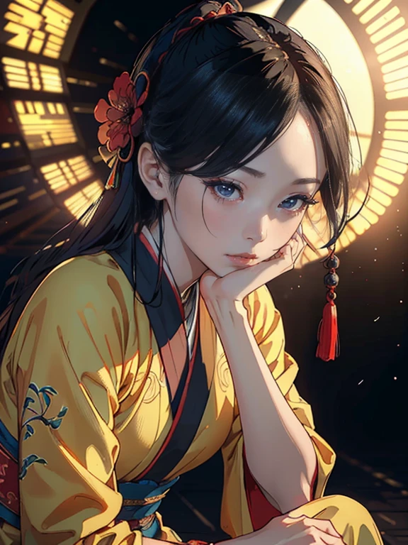 a beautiful woman in a traditional chinese hanfu dress, sitting on the ground, detailed facial features, full body, masterpiece, cinematic lighting, complex yet simple background, popart style, line art, (best quality,4k,8k,highres,masterpiece:1.2),ultra-detailed,(realistic,photorealistic,photo-realistic:1.37)
