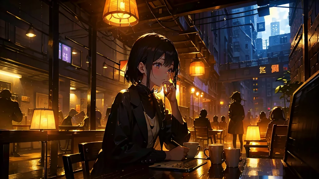 Work at a computer in a café、Fashionable、Tranquility、coffee 、dim、lamp shade