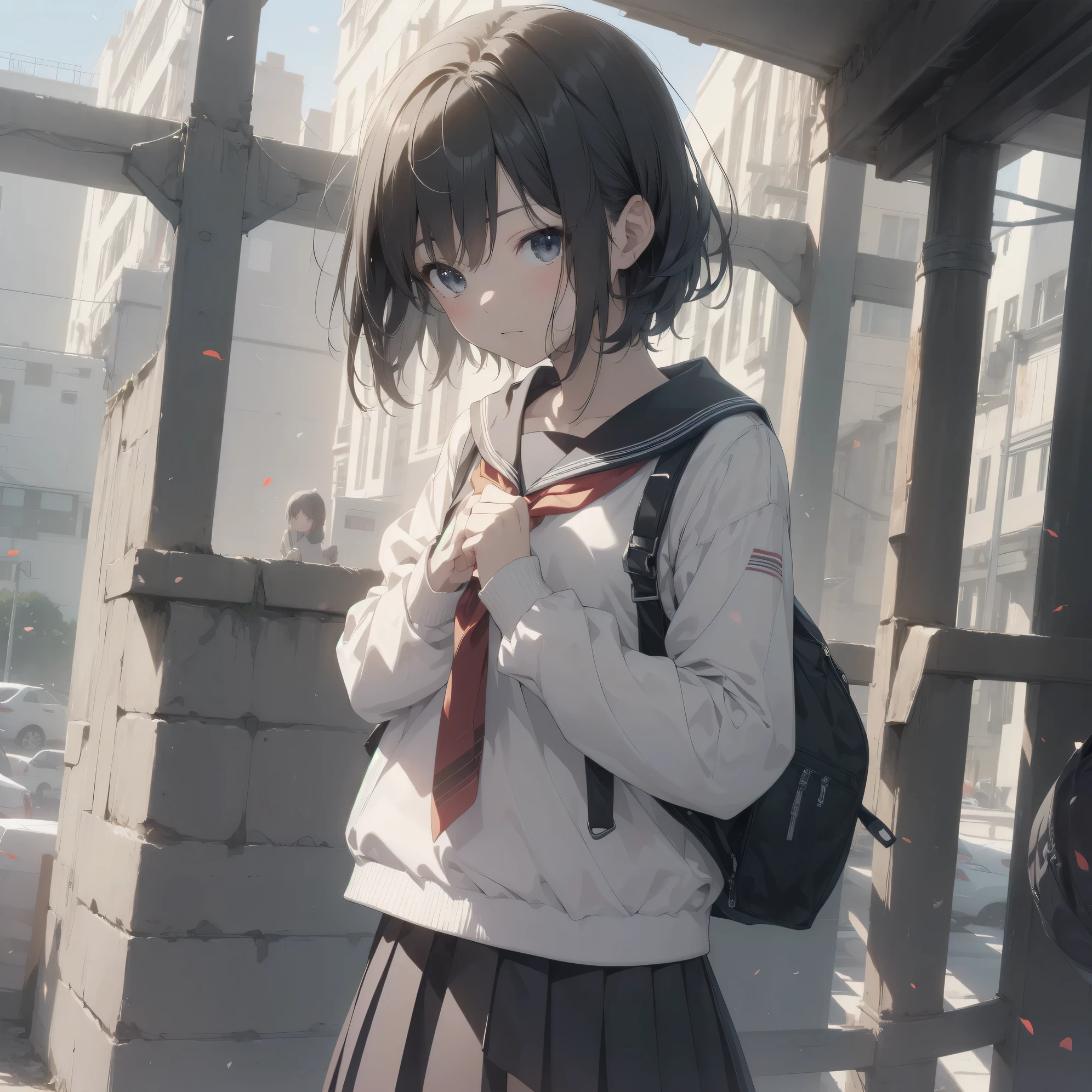 ultra-absurdres-Top quality by artist God, ultra-detailed, high resolution, anime moe artstyle, best anime 8k konachan wallpaper, pixiv contest winner, pool:2810, perfect anatomy,break, 1girl, (Please draw a girl walking sleepily to school alone. )break,(Solo,little female, 13-year-old:1.3),Full limbs, complete fingers,a junior high school student, (very short hair), short cut, flat chest, , small butt, small black eyes, beautiful detailed eyes, well-proportioned iris and pupils, expressive eyes, highres detailed hair, soft expression, salor school_uniform, sailor collar, serahuku, bow, pleated skirt,(Detailed Lighting), (Detailed background), in the School commute route. break,super detailed skin, Best cinematic lighting powered by famous artist, 8k,beauty illustration,photoshop_(medium),very aesthetic,break,((artist:nekotoufu )), artist:clamp ,artist:carnelian ,artist:kantoku ,