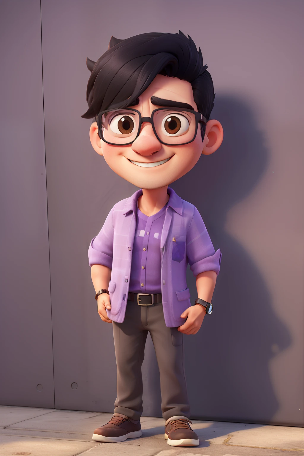 (best quality,high resolution,Extremely detailed) A 40-year-old man with black hair and oriental hair wearing white clothes, Wearing glasses, . He has short hair. Against the wall. Wearing a purple shirt.light color blazer . Right hand showing love.Front with one hand in pocket,Carrying camera on chest.,Have dimples