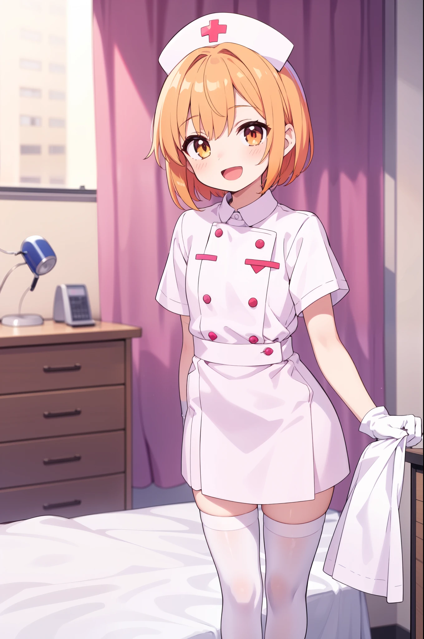 1boy, solo, male focus, nurse, white nurse cap, white nurse uniform, ((white legwear, zettai ryouiki)), white gloves, short hair, orange hair, smile, open mouth, standing, ((hospital room)), sharp outline, short sleeves, shota, 12 years old, best quality, masterpiece