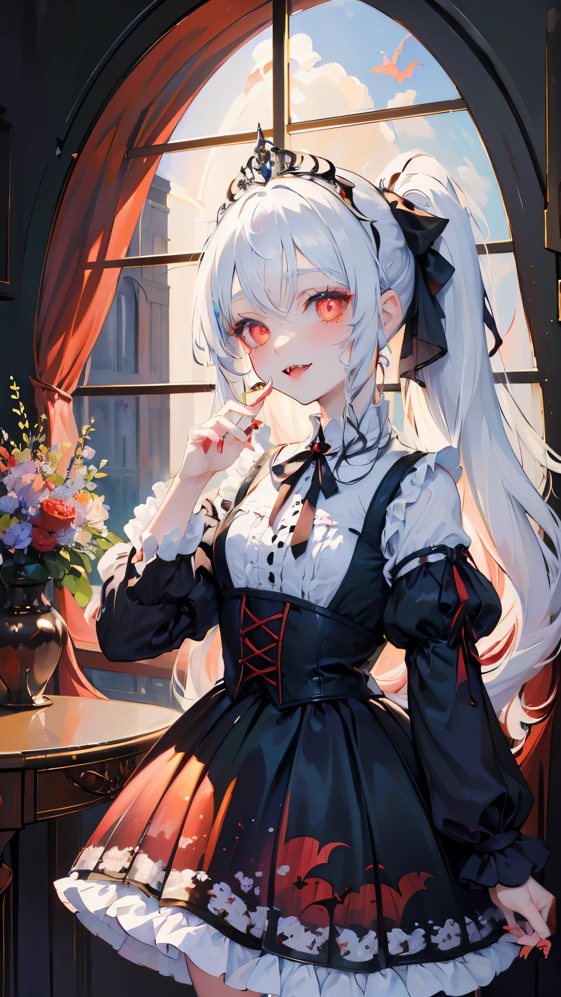 (white hair, ponytail), tiara, mismatched sclera, evil smile, Red glowing eyes, Baroque, chiaroscuro, masterpiece, accurate, high quality, best quality, high details, super detail, Vampire, aristocratic vampire, dark castle interior, moonlight shining through a window into a dark room, at night, Gothic ta, Gothic Loliostume, background (bats flying around), Standing halfway up the stairs, Detailed hands, detailed fingers, pointed nails, nail art, Fangs protruding from the mouth