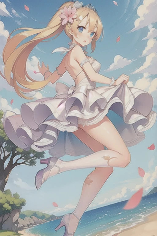 Saratoga \(warship girls r\),((masterpiece)),(((best quality))),((ultra-detailed)),((illustration)),((disheveled hair)),((frills)),(1 girl),(solo),1girl,bangs,bare shoulders,barefoot,blue sky,blush,bridal veil,cherry blossoms,cloud,cloudy sky,confetti,day,dress,earrings,eyebrows visible through hair,falling petals,feet,flower,foot focus,hair between eyes,hair ornament,high heels,jewelry,leaves in wind,short hair,looking at viewer,looking back,ocean,open mouth,outdoors,petals,petals on liquid,ponytail,rose petals,shoes removed,sidelocks,single shoe,sky,soles,solo,splashing,thighs,tiara,toes,tree,underwear,veil,water,water drop,wedding dress,wet,white dress,Rating:safe,foreshortening,
blonde hair,blue eyes,