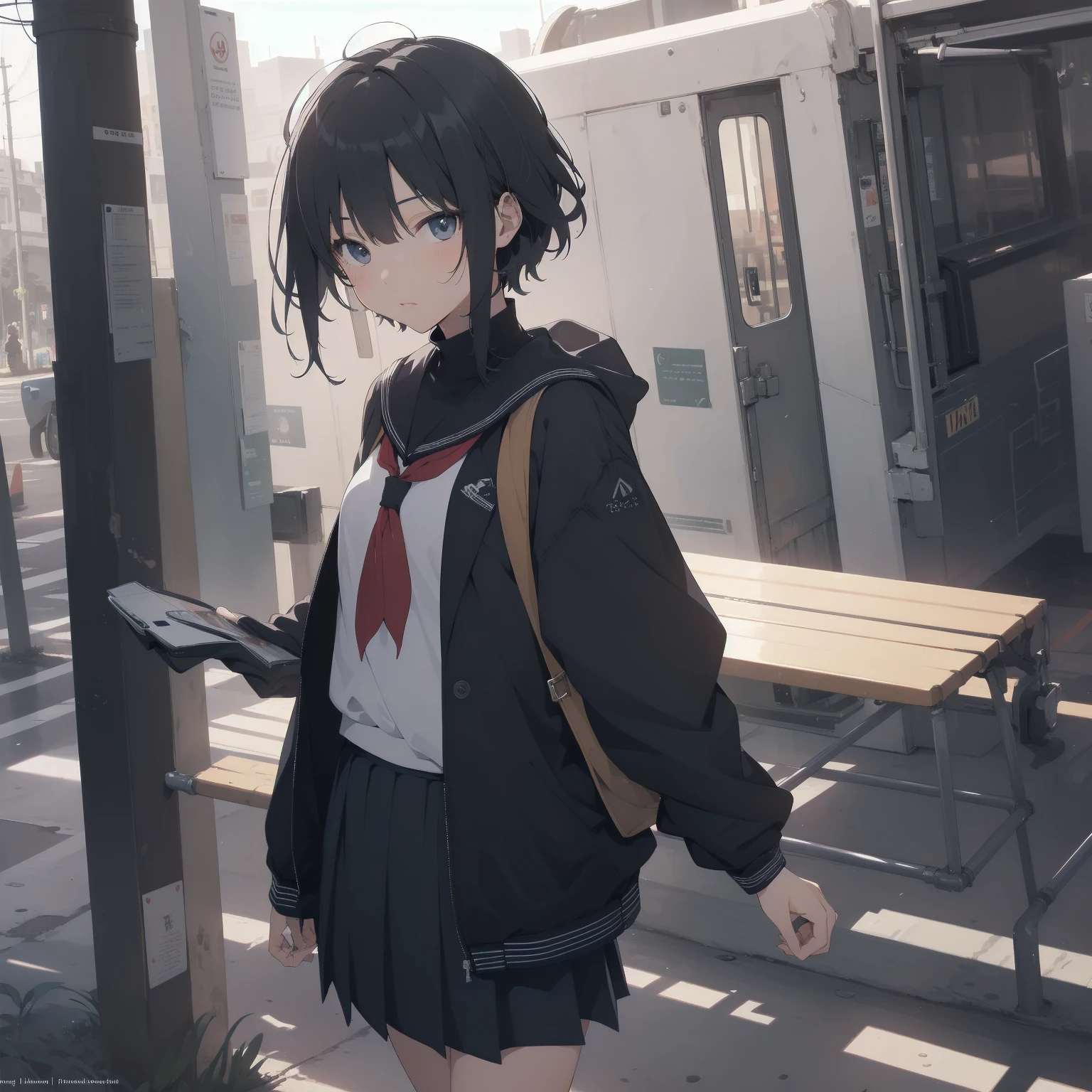 ultra-absurdres-Top quality by artist God, ultra-detailed, high resolution, anime moe artstyle, best anime 8k konachan wallpaper, pixiv contest winner, pool:2810, perfect anatomy,break, 1girl, (Please draw a girl walking sleepily to school alone. )break,(Solo,little female, 13-year-old:1.3),Full limbs, complete fingers,a junior high school student, (very short hair), short cut, flat chest, , small butt, small black eyes, beautiful detailed eyes, well-proportioned iris and pupils, expressive eyes, highres detailed hair, soft expression, salor school_uniform, sailor collar, serahuku, bow, pleated skirt,(Detailed Lighting), (Detailed background), in the School commute route. break,super detailed skin, Best cinematic lighting powered by famous artist, 8k,beauty illustration,photoshop_(medium),very aesthetic,break,((artist:nekotoufu )), artist:clamp ,artist:carnelian ,artist:kantoku ,
