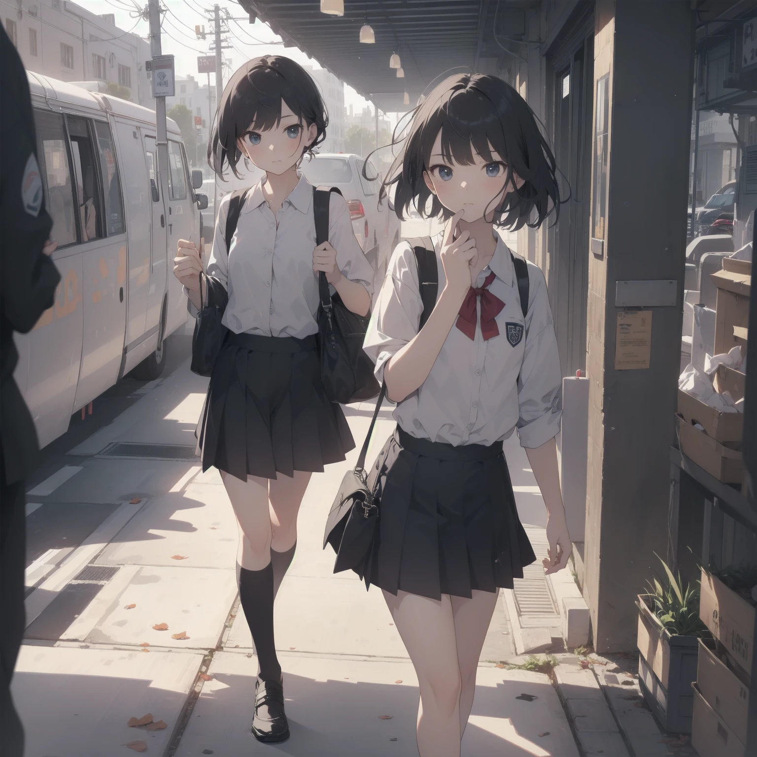 ultra-absurdres-Top quality by artist God, ultra-detailed, high resolution, anime moe artstyle, best anime 8k konachan wallpaper, pixiv contest winner, pool:2810, perfect anatomy,break, 1girl, (Please draw a girl walking sleepily to school alone. )break,(Solo,little female, 13-year-old:1.3),Full limbs, complete fingers,a junior high school student, (very short hair), short cut, flat chest, , small butt, small black eyes, beautiful detailed eyes, well-proportioned iris and pupils, expressive eyes, highres detailed hair, soft expression, salor school_uniform, sailor collar, serahuku, bow, pleated skirt,(Detailed Lighting), (Detailed background), in the School commute route. break,super detailed skin, Best cinematic lighting powered by famous artist, 8k,beauty illustration,photoshop_(medium),very aesthetic,break,((artist:nekotoufu )), artist:clamp ,artist:carnelian ,artist:kantoku ,