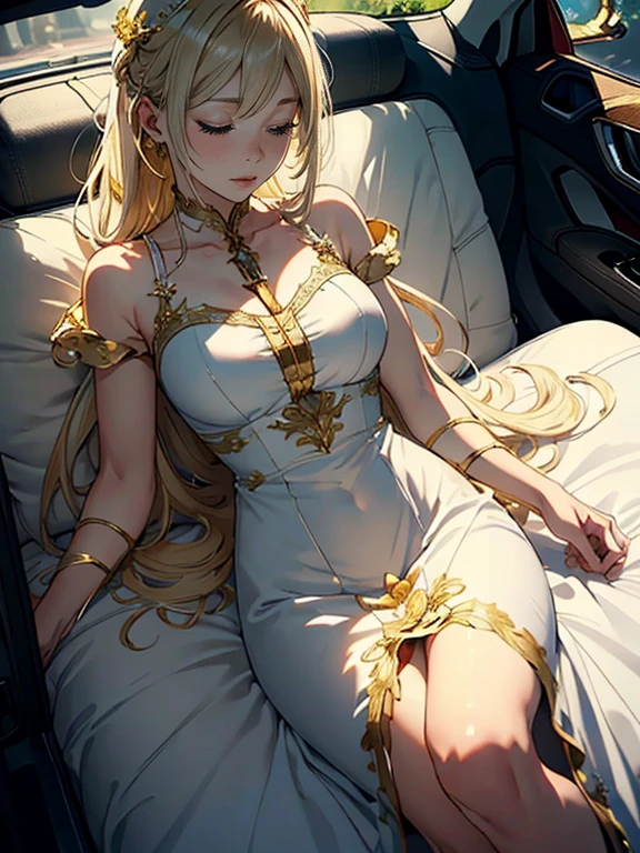 ((masterpiece)), ((Highest quality)), 8k, High resolution, Super Detail, (woman), (White dress with yellow gold trim), (Scattered golden hair ornaments), (Closed eyes) (Sleeping in the car 1.6) (Full body display 1.4) この作品はmasterpieceだ, The highest quality and attention to detail, captured in 8k High resolution. Photographic Realistic, Realistic, very detailed illustrations Realistic, Octane Rendering