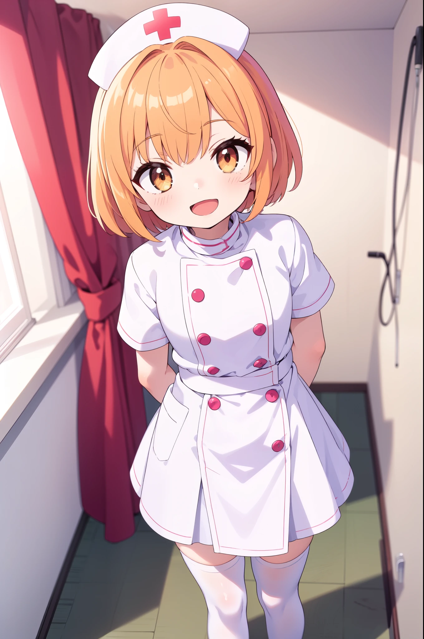 1boy, solo, male focus, nurse, white nurse cap, white nurse uniform, ((white legwear, zettai ryouiki)), white gloves, short hair, orange hair, smile, open mouth, standing, ((hospital room)), sharp outline, short sleeves, shota, , best quality, masterpiece