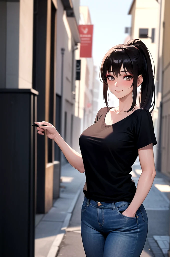 ((((masterpiece)))), ((((best quality)))), 8k, (front Photo), (((1girl))), shiny skin, female focus, rim light, mature female, a woman standing in the neighborhood, ponytail, black hair, dark brown eyes, ((dark skin)), smile, closed mouth, gyaru, (white_t-shirt), jeans, makeup, medium_breasts