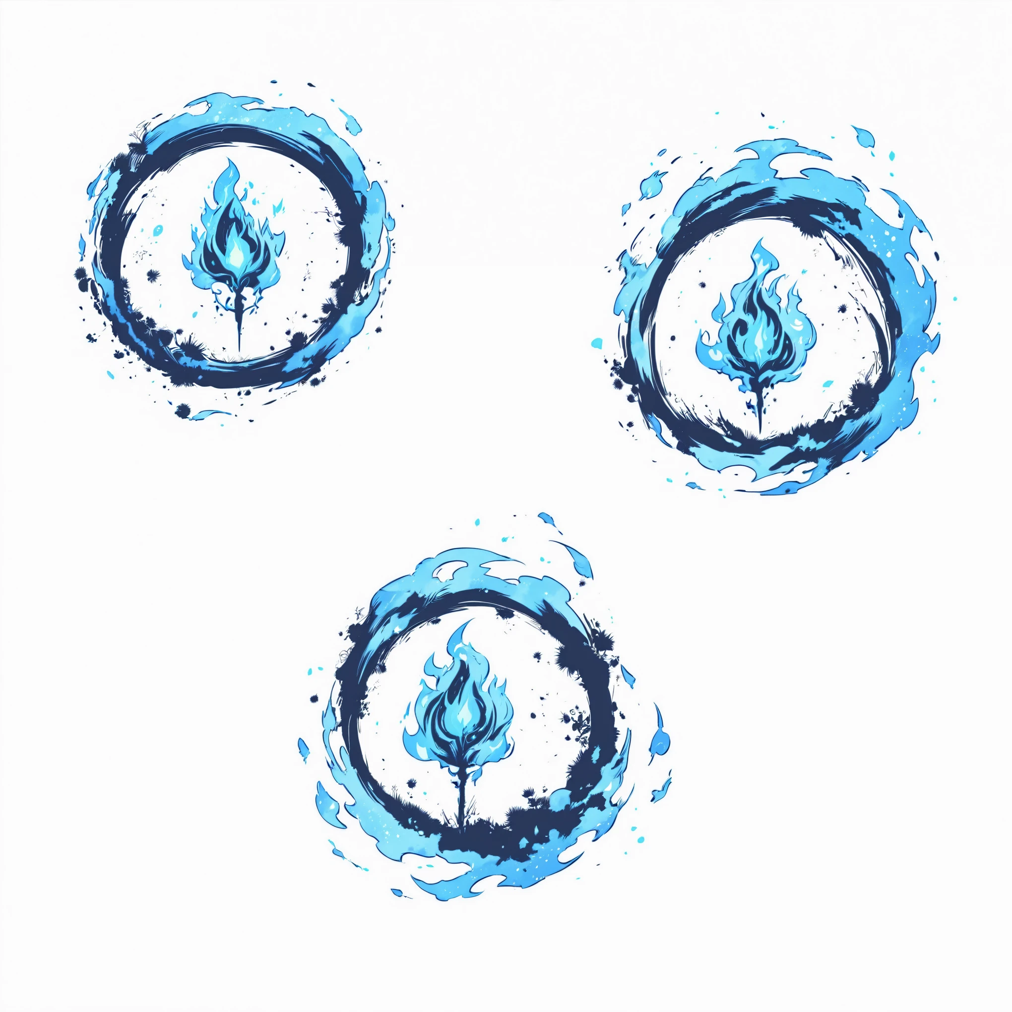 there are three blue flame, fire floating in the air, blue fire powers, mutated fire, blue fire accents, blue flame, with a white background, blue flame with white spots, spores, inspired by Jin Homura, epic anime style, thick black drawing outline, thick outline