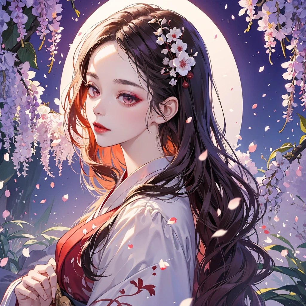 portrait of 1 beautiful geisha in the wisteria forest,  dark night, wavy hair, pale skin, makeup, red lips, , white kimono, hanfu, (Beautifully Aesthetic:1.2),wisteria, peace, tranquility, serenity, petals