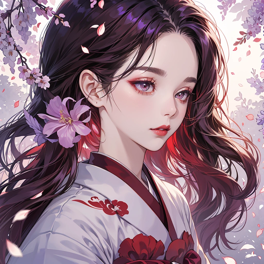 portrait of 1 beautiful geisha in the wisteria forest, dark night, wavy hair, pale skin, makeup, red lips, , white kimono, hanfu, (Beautifully Aesthetic:1.2),wisteria, peace, tranquility, serenity, petals