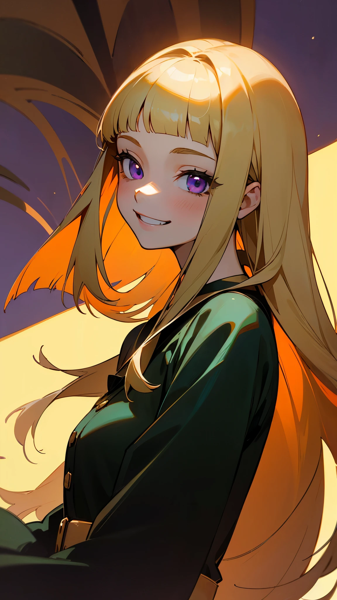 1 Girl、solo、impression、(oil)、Green and orange tones、Blonde、Blunt bangs、Straight hair、Purple eyes、one piece、Long sleeve、Grin、From the side、Upper body close-up