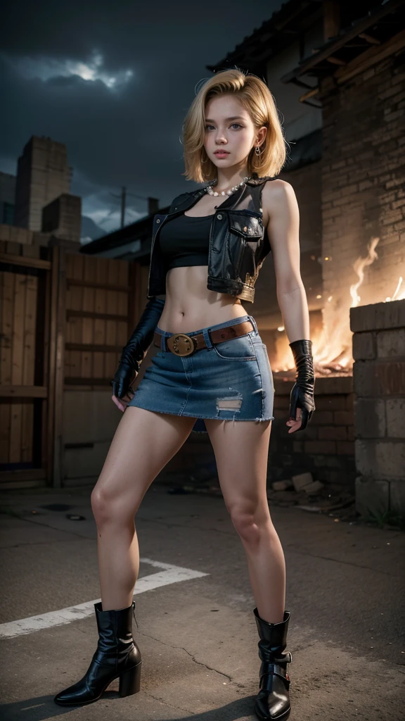 Moisturized skin,Realistic body,Android,(),(Girl),Collarbone,Earrings,(Cute face),Unfriendly,Anger,
BREAK,
Bright red lipstick,(Beautiful navel),(Golden hair),Beautiful hair,Short hair,
BREAK,
(Masterpiece,Top quality,High resolution,Very detailed),(Full body:1.2),Symmetrical,One shot,
BREAK,
(Wind blowing),Outdoor,
BREAK,
Assassination,,Fantastic,Dynamism,(In the middle of a war,Fighting stance),(Fires everywhere,Blood,Chaos),(Android 18),Jewelry,Denim vest,Black leather gloves,Pearl necklace,Jeans,Pushing hair aside,Blue eyes,Denim skirt,Buckled belt,