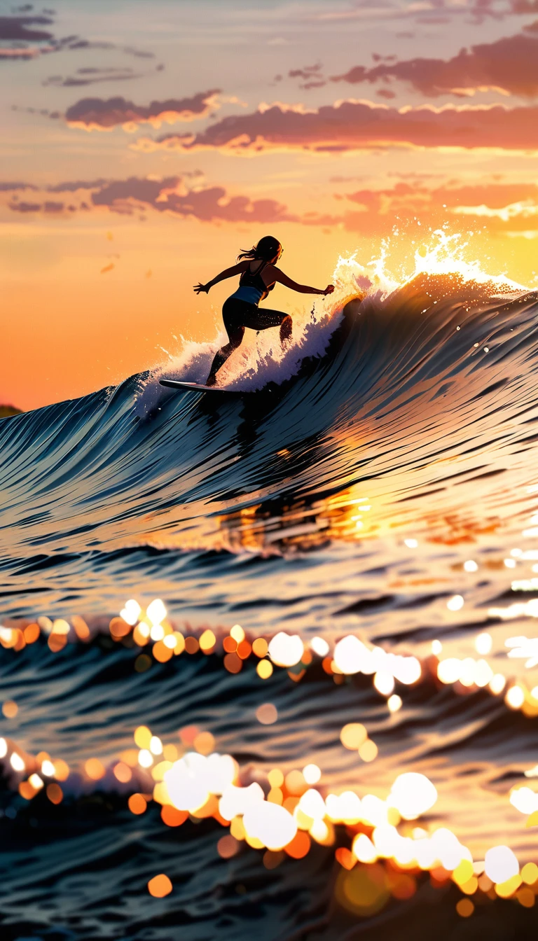 Closeup to surfer girl on surfboard in the ocean at sunset, full body shot,  surfing, huge wave on the sunset, amazing wallpaper, at the sunset, golden hour time, sunset light, high quality wallpaper, sunset mood, warm glow, sunset time, made by dslr, bokeh, film grain, cinematic photography style