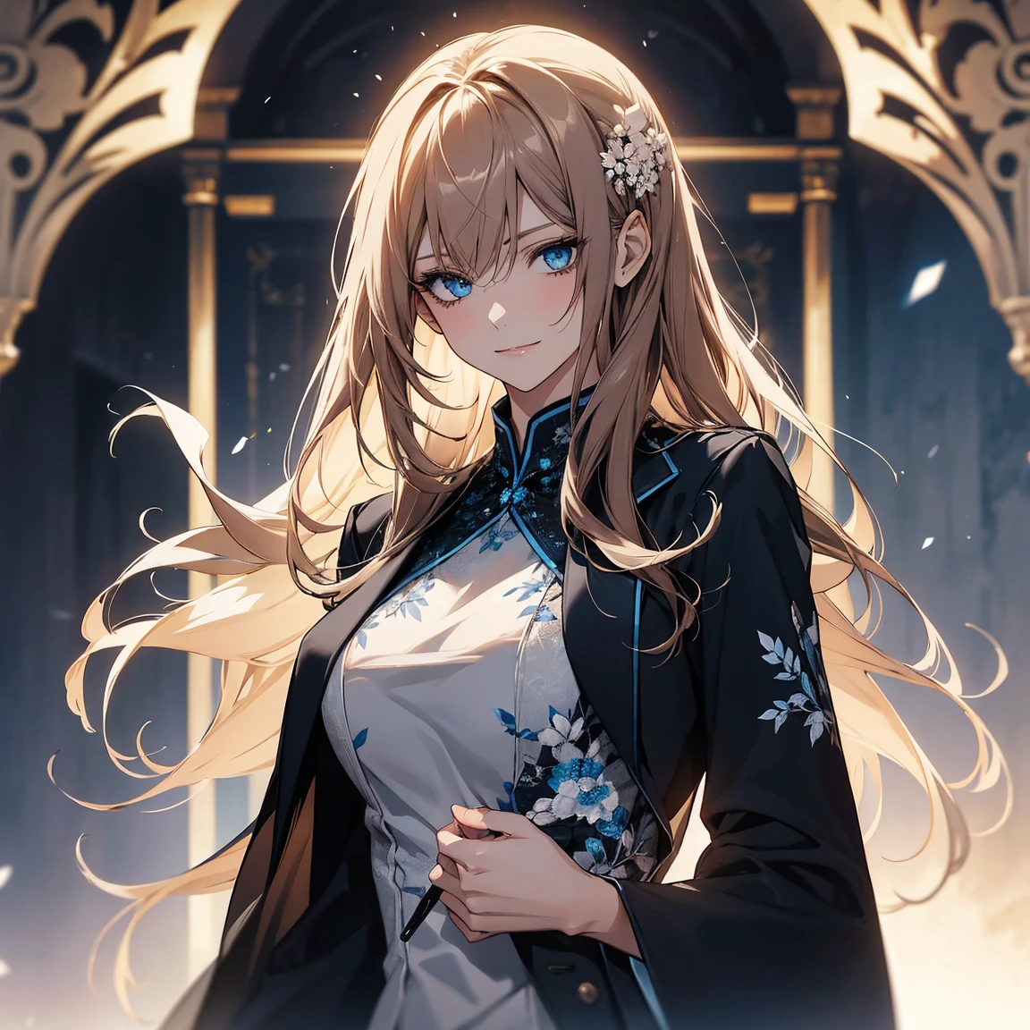 (Highest quality,High resolution,Very detailed),1 girl, Beautiful and elegant light blue eyes, Brown Hair, Cold Smile,Grudge,I was outraged.,Blue floral ornamentwo
後ろで結んだストレートロングヘア, Wearing a black suit, Mature Woman, Age 25,Cruel smile, Calm and Calm, Slim figure, Pale complexion, thin, Calm, secretary,彼はBig white foxを連れている..,Big white fox,Blue floral ornament