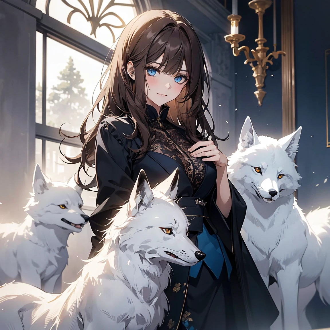 (Highest quality,High resolution,Very detailed),1 girl, Beautiful and elegant light blue eyes, Brown Hair, Cold Smile,Grudge,I was outraged.,Blue floral ornamentwo
後ろで結んだストレートロングヘア, Wearing a black suit, Mature Woman, Age 25,Cruel smile, Calm and Calm, Slim figure, Pale complexion, thin, Calm, secretary,彼はBig white foxを連れている..,Big white fox,Blue floral ornament