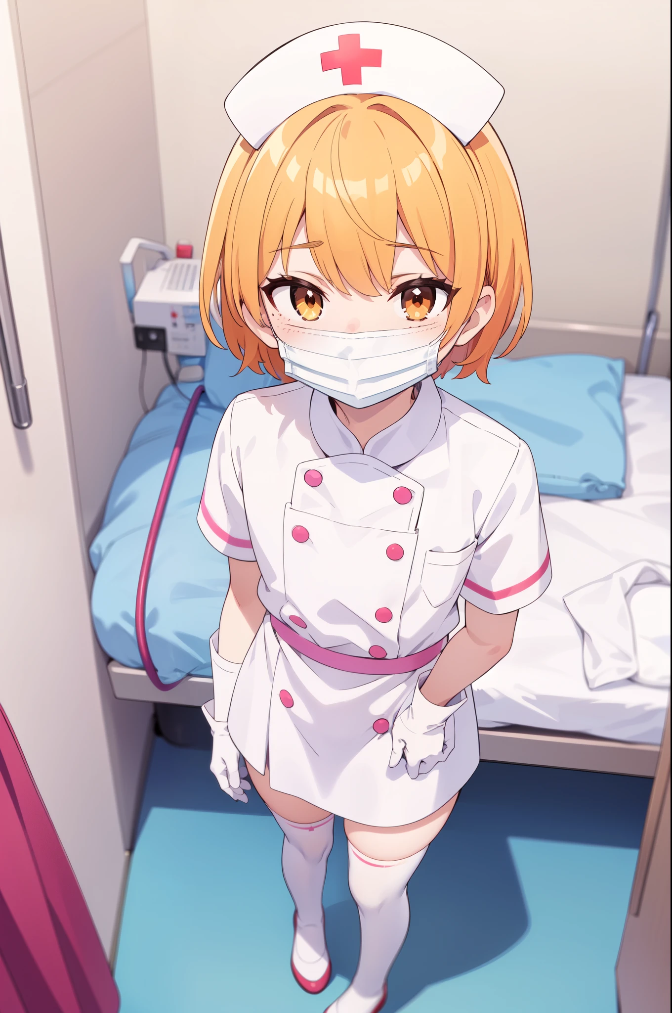 1boy, solo, male focus, nurse, white nurse cap, white nurse uniform, ((white legwear, zettai ryouiki)), white gloves, short hair, orange hair, ((white surgical mask, covered nose)), standing, ((hospital room)), sharp outline, short sleeves, shota, 12 years old, best quality, masterpiece
