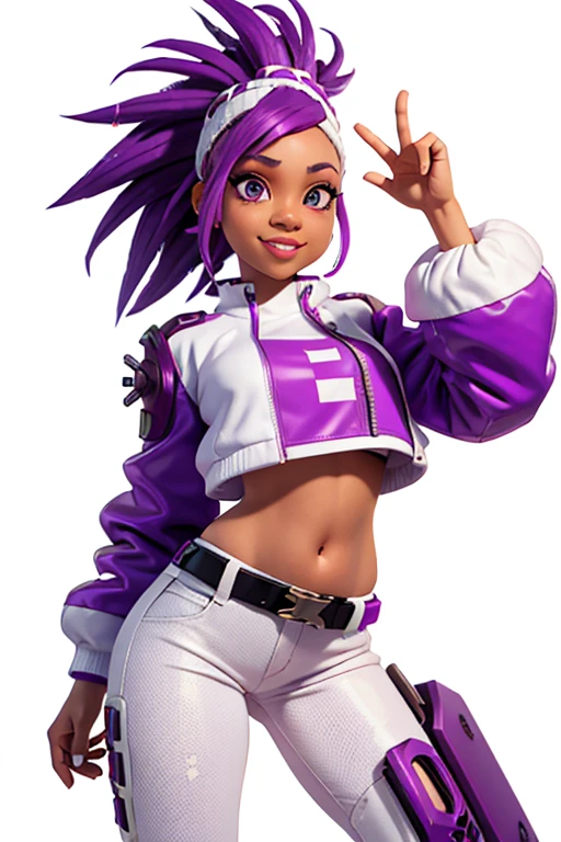 one,8k highly detailed, casual games, , 3D art style, Half body photo,White background,big eyes,cute,Model posing,mature African American woman,solid color background, purple Mohawk hair,Smile,(((White background))),((Cyberpunk clothing)),Punk clothes,cyberpunk style,Show belly,Face shot, purple Mohawk hair, with a electric guitar.