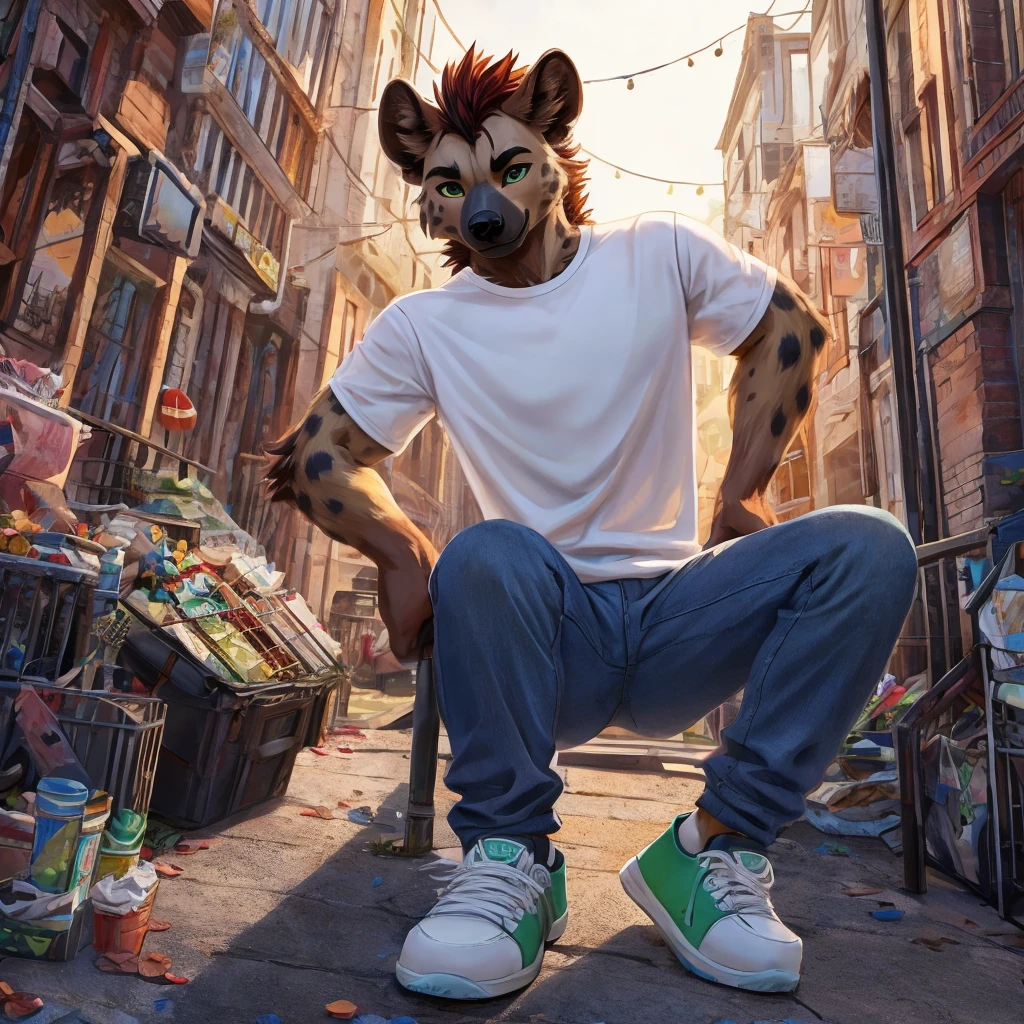 Anthropomorphic hyena in a white T-shirt, blue jeans and green sneakers 