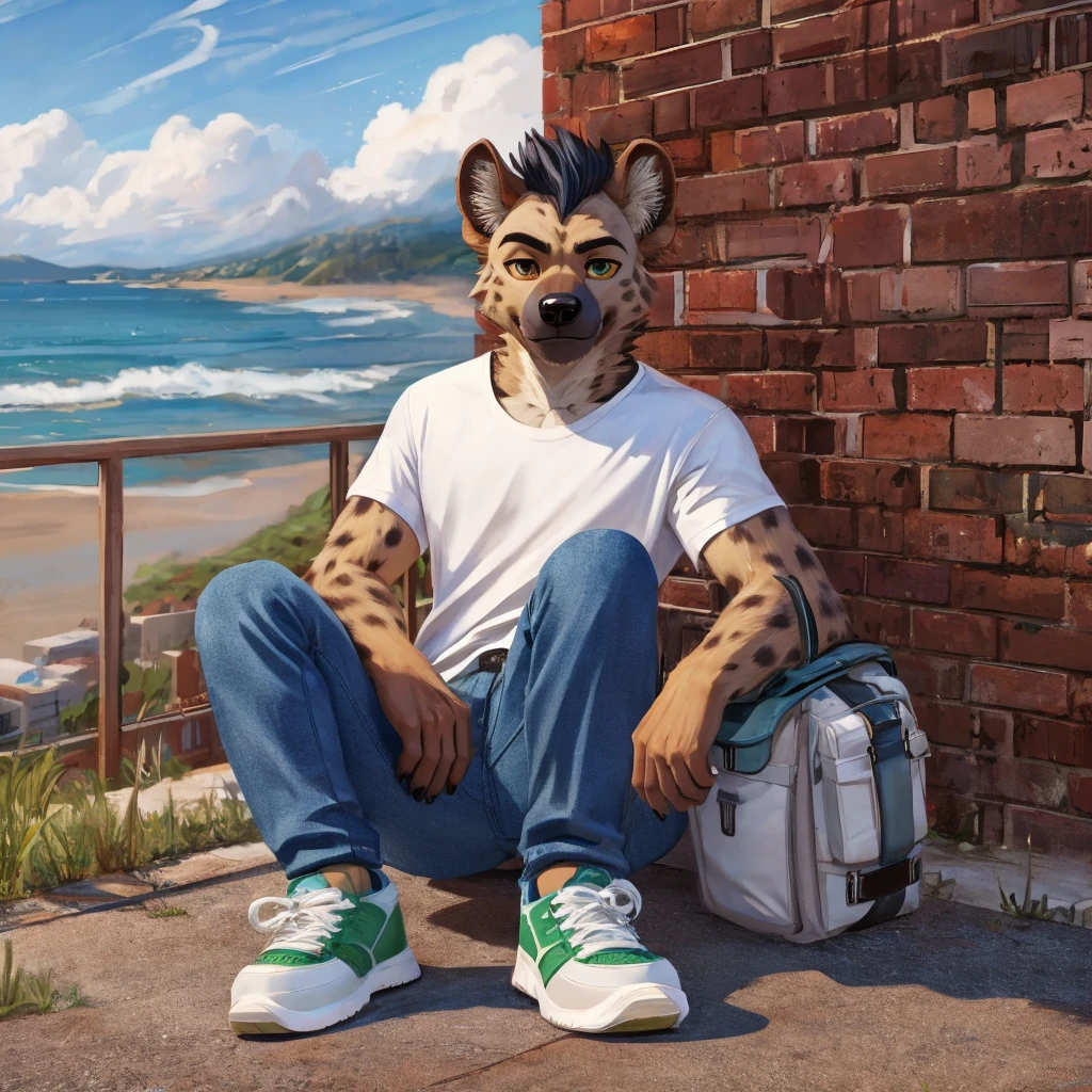 Anthropomorphic hyena in a white T-shirt, blue jeans and green sneakers 