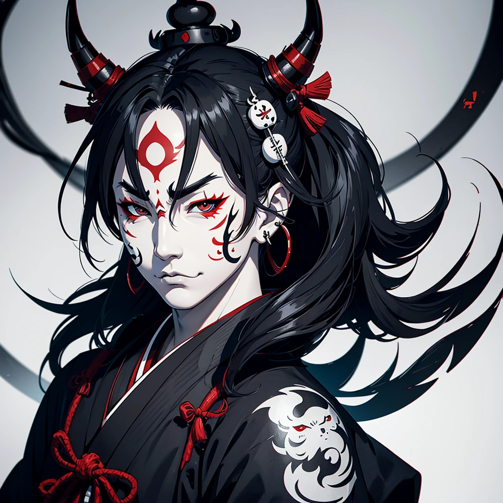 Make a logo of a samurai face with a Japanese hannya mask and piercings in black and white 