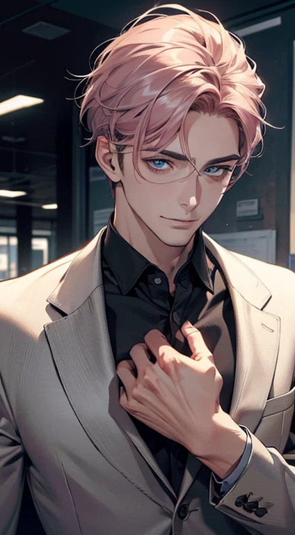 (best quality,4k,8k,highres,masterpiece:1.2),ultra-detailed,(realistic,photorealistic,photo-realistic:1.37),1 man,31 years old,mature man,very handsome,without expression,smile,short grey pink hair,blue eyes,penetrating gaze,perfect face without errors,imposing posture,businessman,office background,cinematic lighting,hdr image