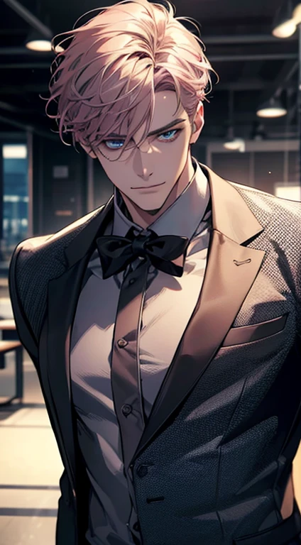 (best quality,4k,8k,highres,masterpiece:1.2),ultra-detailed,(realistic,photorealistic,photo-realistic:1.37),1 man,31 years old,mature man,very handsome,without expression,smile,short grey pink hair,blue eyes,penetrating gaze,perfect face without errors,imposing posture,businessman,office background,cinematic lighting,hdr image