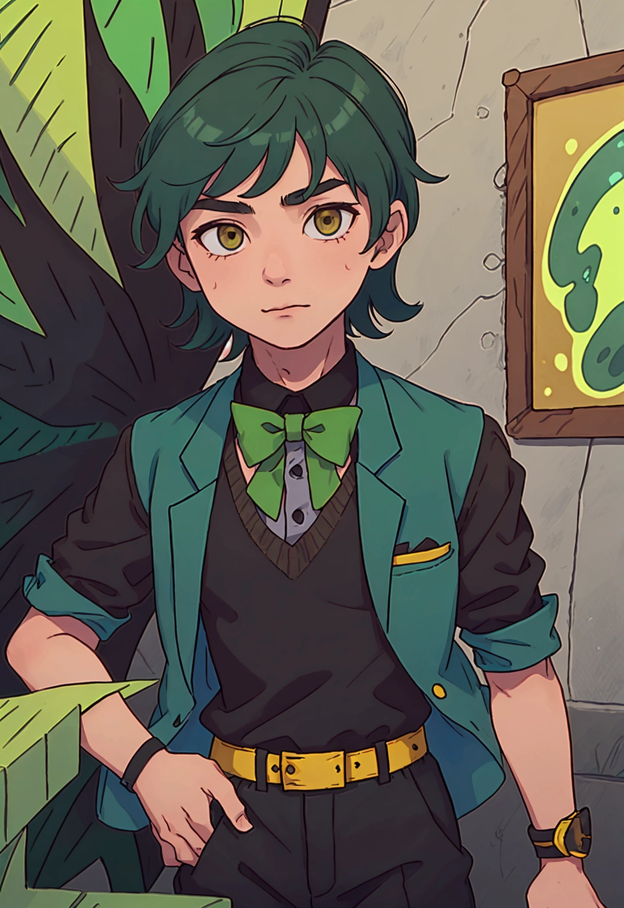 A 17 year old male teenager with a green jelly skin, brown eyes and a blue, green hair, wearing a green shirt wearing black straps, and black pants and a yellow bowtie.