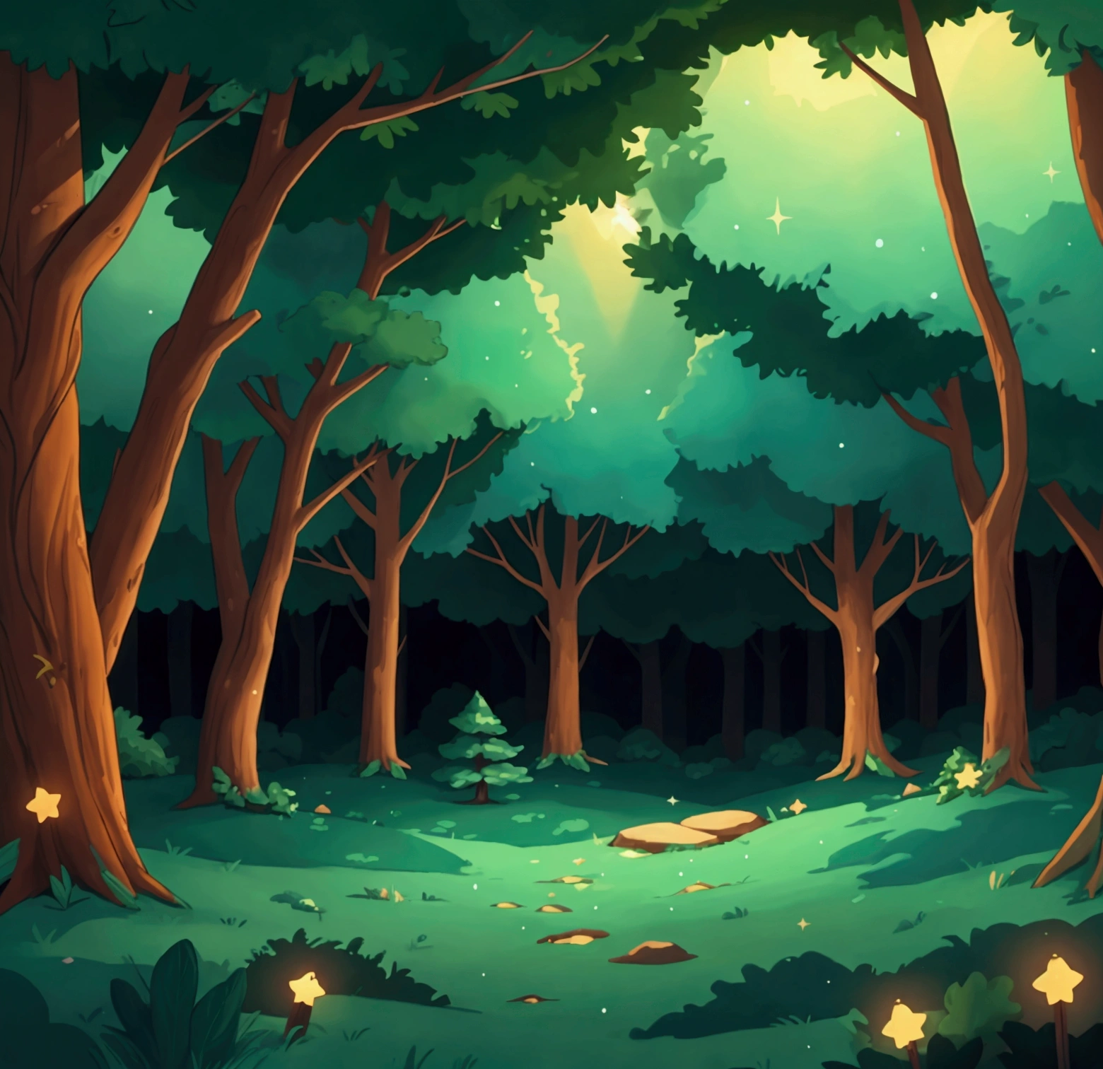 A beautiful lonely forest with lights and sparkles, 2D cartoon style