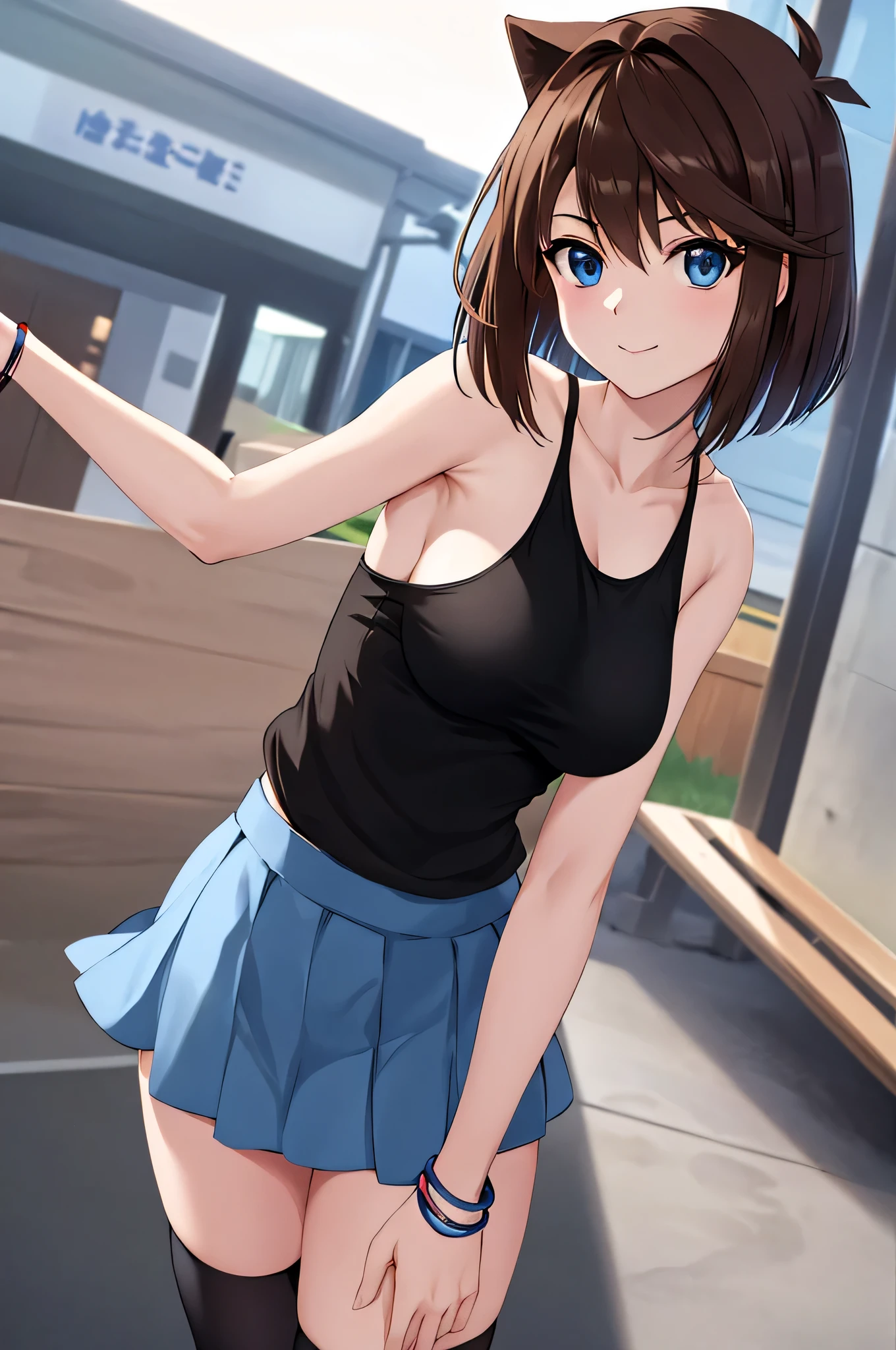 masterpiece、Highest quality、High resolution、Brown Hair、Short Hair、Blue Eyes、(Antenna Hair:1.2)、Big Breasts、A woman with very large breasts、Black Tank Top、bracelet、Skin tight tank top、Blue mini skirt、Tight Skirt、White knee socks、tank top with an black、thigh socks with an white、Cowboy Shot、looking at viewer、Female focus、Are standing、Outdoor、smile、