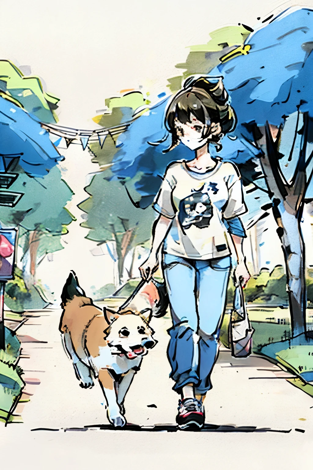 "Design a heartwarming scene of a dog and its owner on a walk for t-shirt designs