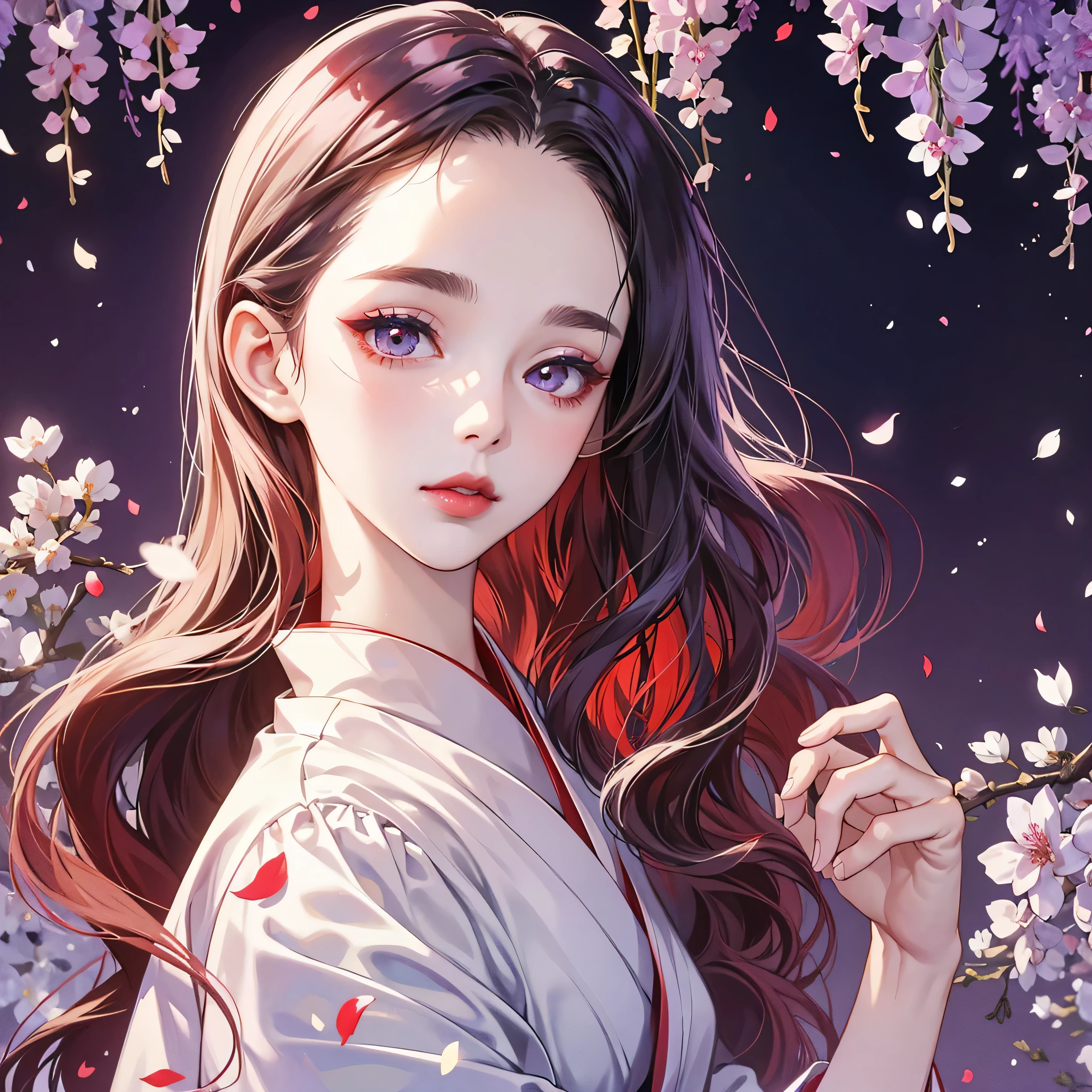 portrait of 1 beautiful geisha in the wisteria forest,  dark night, wavy hair, pale skin, makeup, red lips, , white kimono, hanfu, (Beautifully Aesthetic:1.2),wisteria, peace, tranquility, serenity, petals
