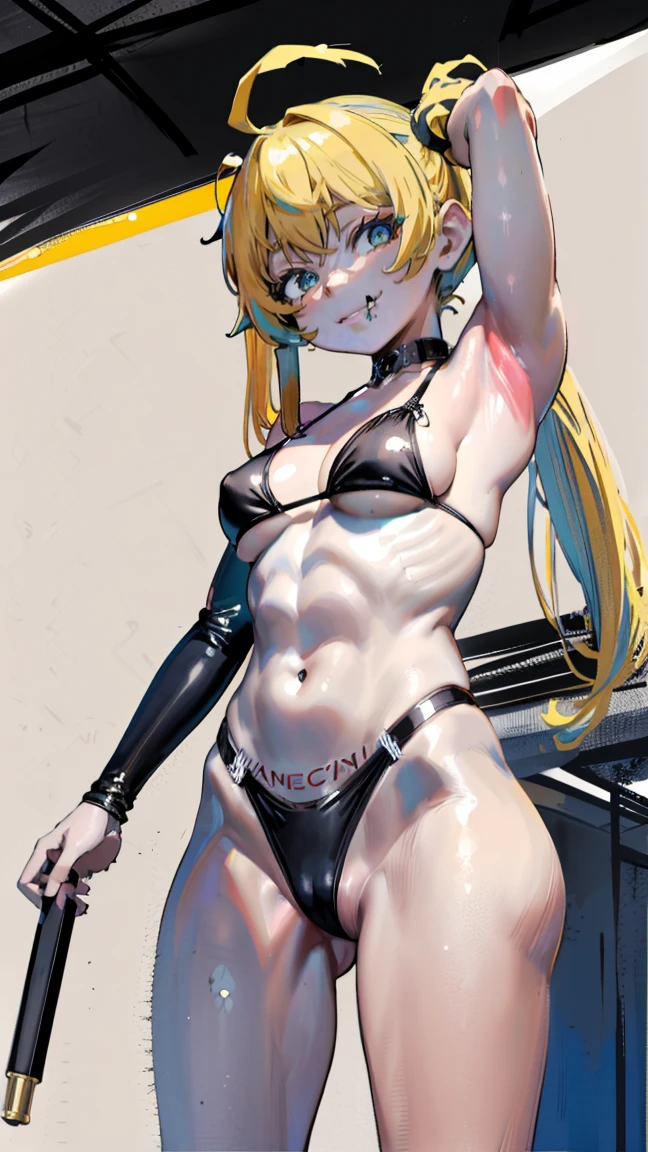 Tanya Degurechaff, milf, old woman, yellow hair, sports Bikini, ((sports bikini azul, flushed, smile coqueta, black lipstick, muscle girl, stronger)), ((pen sketch style)), ink, detailed face, puffy lips, ((gothic make up)), ((black lipstick)), twintails, ((teacher)),, (( flushed, smile, oiled skin, mucha piel visible)), short hair, yelow hair, picking up her breasts, (( sports bikini, picking up her breasts)), curvy body, (( gigantic sagging breast, showing off her breasts, exhibitionism, long legs, open legs , abs, womb tattoo , muscle, ((beefy, bodybuilder)), arms up,Iparuputsua, squat, ((en cuclillas)), on the beach at night, city lights in the distance, Cancun, image from below