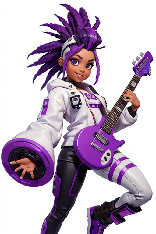 one,8k highly detailed, casual games, , 3D art style, Half body photo,White background,big eyes,cute,Model posing,mature African American woman,solid color background, purple Mohawk hair,Smile,(((White background))),((Cyberpunk clothing)),Punk clothes,cyberpunk style,Show belly,Face shot, purple Mohawk hair, playing a electric guitar.