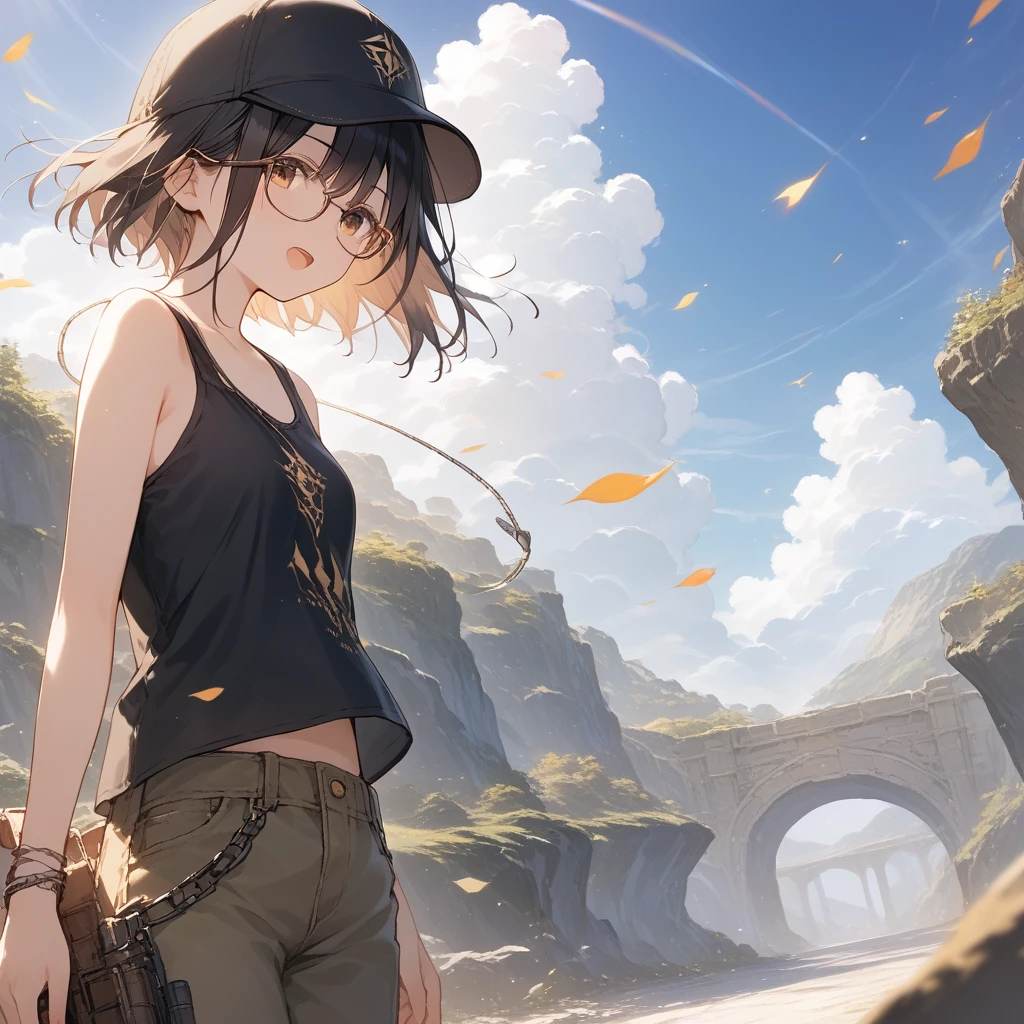 score_9, score_8_up, score_7_up, source_anime, best quality, masterpiece, official art, absurdres, highres, ultra-detailed,waifu2x,Collection: Slice of Life,break,1girl, fantasy world, short hair, glasses, small breasts, cap, tank top, cargo pants, open mouth, (yawn:0.3),outdoors, wilderness, wind, break,(clear line illustration:1.2),very high resolution, very aesthetic, super detailed skin, Best sexual lighting powered by famous artist, 8k,cute picture,beauty illustration,photoshop_(medium),,(Detailed Lighting),best anime 8k konachan wallpaper, pixiv contest winner,