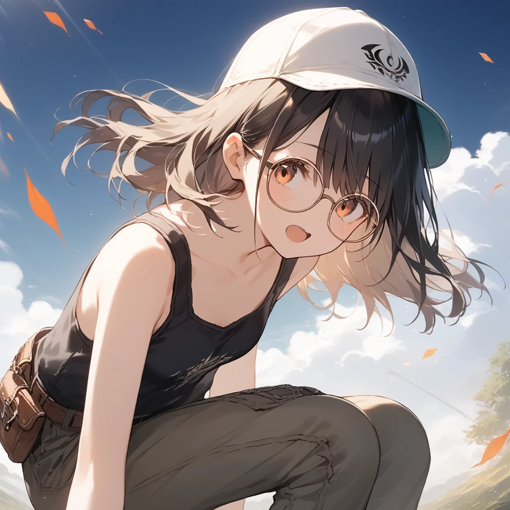 score_9, score_8_up, score_7_up, source_anime, best quality, masterpiece, official art, absurdres, highres, ultra-detailed,waifu2x,Collection: Slice of Life,break,1girl, fantasy world, short hair, glasses, small breasts, cap, tank top, cargo pants, open mouth, (yawn:0.3),outdoors, wilderness, wind, break,(clear line illustration:1.2),very high resolution, very aesthetic, super detailed skin, Best sexual lighting powered by famous artist, 8k,cute picture,beauty illustration,photoshop_(medium),,(Detailed Lighting),best anime 8k konachan wallpaper, pixiv contest winner,
