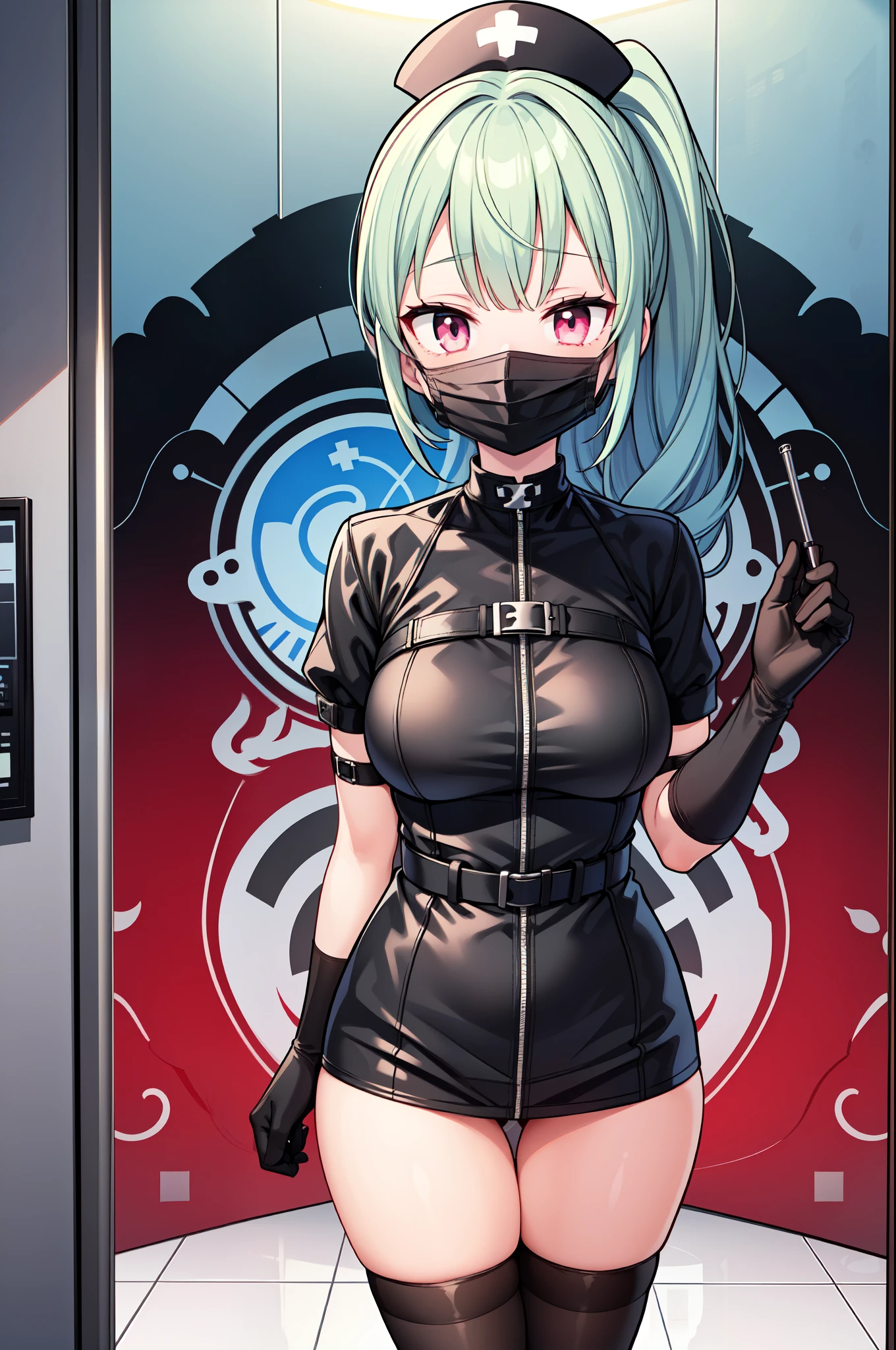 black nurse, 1girl, solo, black nurse cap, black nurse uniform, ((black legwear, zettai ryouiki)), black elbow gloves, ponytail, green hair, pink eyes, ((black surgical mask, covered nose)), standing, ((surgery room)), sharp outline, short sleeves, best quality, masterpiece