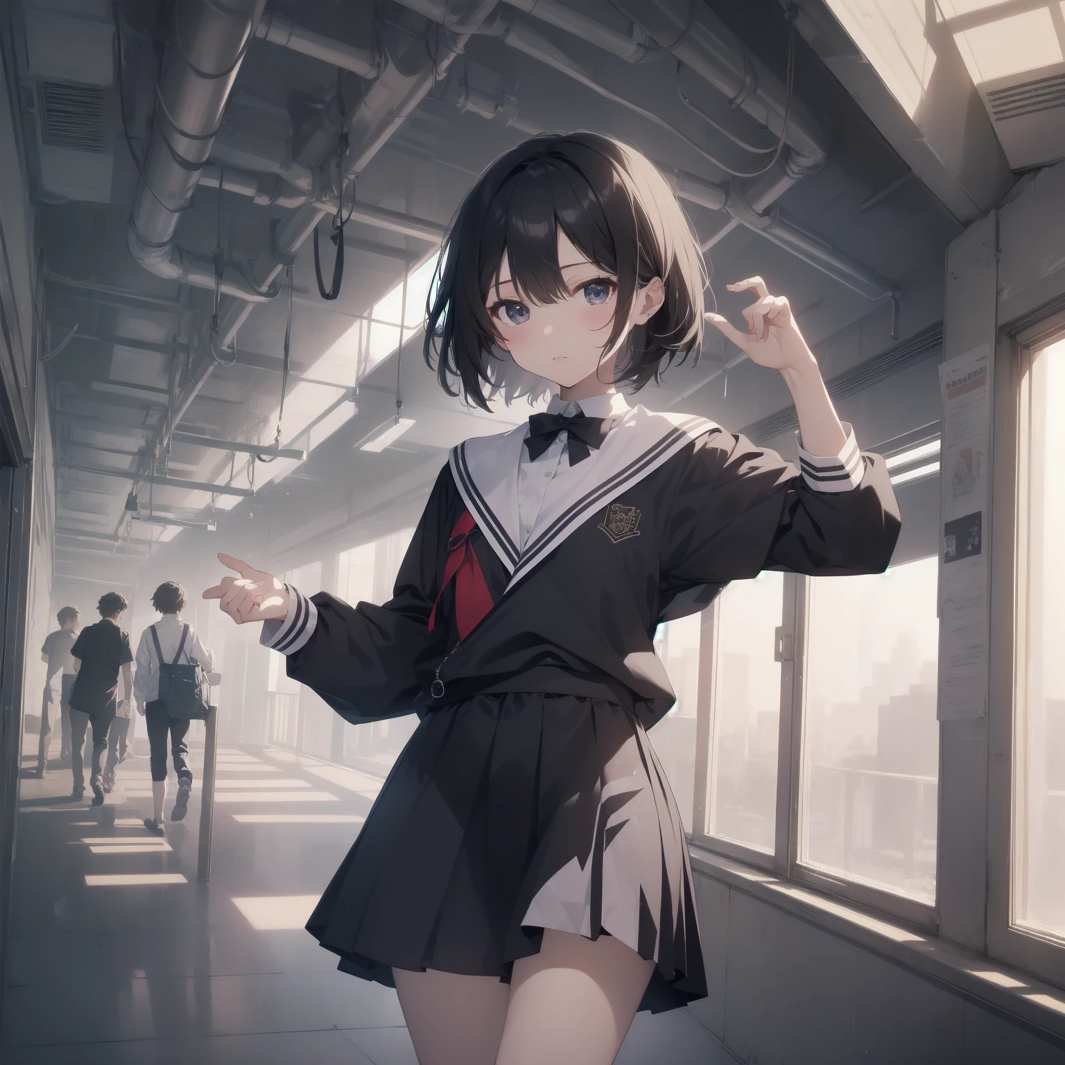ultra-absurdres-Top quality by artist God, ultra-detailed, high resolution, anime moe artstyle, best anime 8k konachan wallpaper, pixiv contest winner, pool:2810, perfect anatomy,break, 1girl, (Please draw a girl walking sleepily to school alone. )break,(Solo,little female, 13-year-old:1.3),Full limbs, complete fingers,a junior high school student, (very short hair), short cut, flat chest, , small butt, small black eyes, beautiful detailed eyes, well-proportioned iris and pupils, expressive eyes, highres detailed hair, soft expression, salor school_uniform, sailor collar, serahuku, bow, pleated skirt,(Detailed Lighting), (Detailed background), in the School commute route. break,super detailed skin, Best cinematic lighting powered by famous artist, 8k,beauty illustration,photoshop_(medium),very aesthetic,break,((artist:nekotoufu )), artist:clamp ,artist:carnelian ,artist:kantoku ,