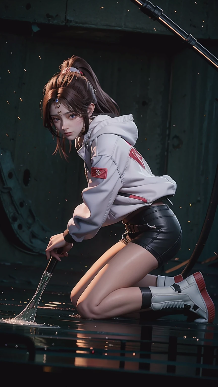 Cartoon woman kneeling on the starry sky, Water splashes at the knees，CG Social Trends, Smooth anime CG art, Starry sky background，Full body view，Royal sister kneeling posture