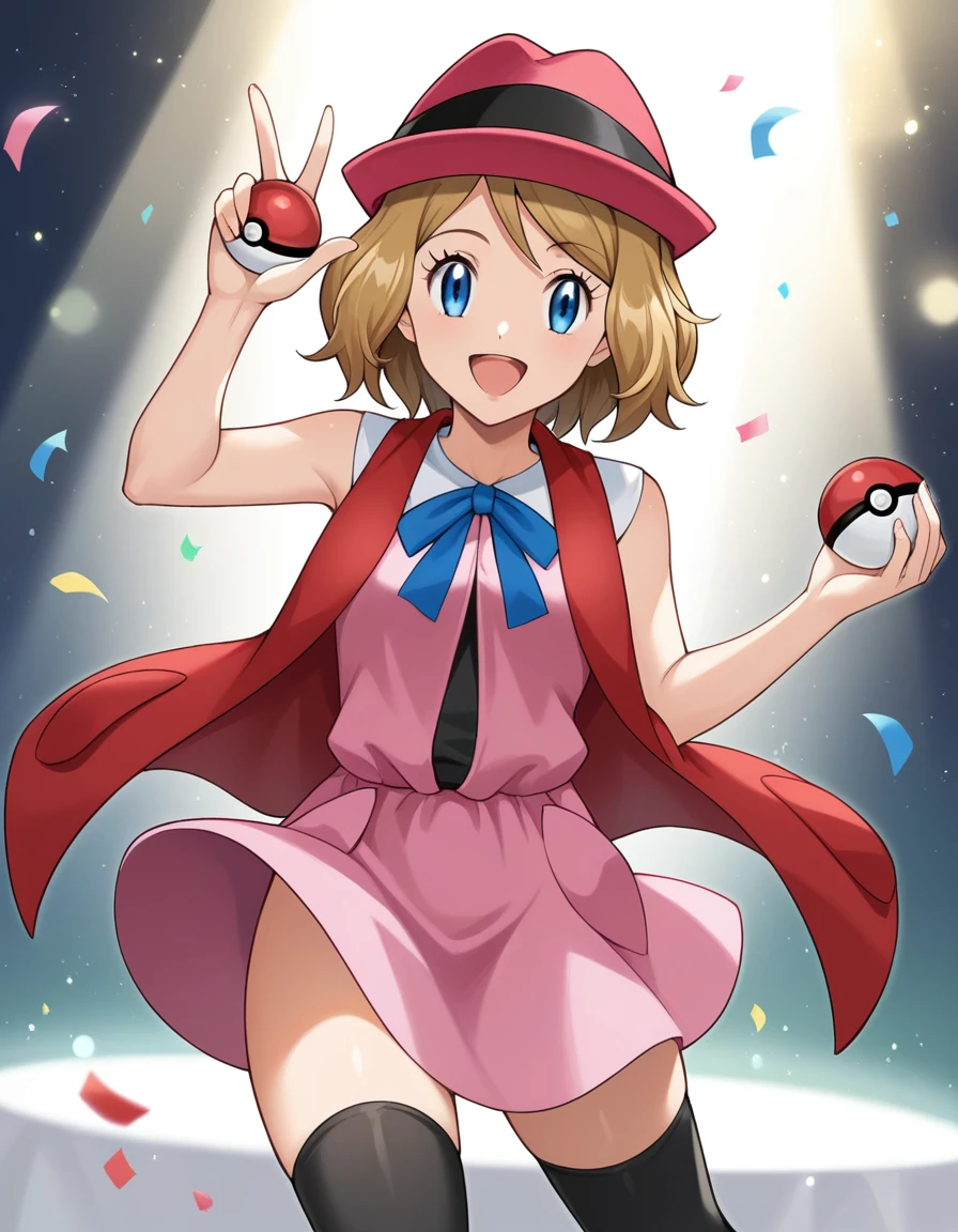 score_9, score_8_up, score_7_up, source_anime, rating_safe, BREAK serena \(pokemon\), 1girl, blue eyes, eyelashes, short hair, blonde hair, hat, neck ribbon, blue ribbon, pink shirt, sleeveless, bare arms, red jacket, pink skirt, black thighhighs, dutch angle, hand up, smile, happy, open mouth, holding poke ball, light particles, light rays, dutch angle, aura, backlighting, confetti, light particles, light rays, stage, stage lights, spot light