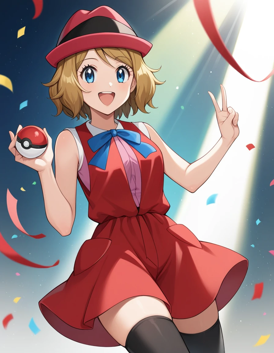 score_9, score_8_up, score_7_up, source_anime, rating_safe, BREAK serena \(pokemon\), 1girl, blue eyes, eyelashes, short hair, blonde hair, hat, neck ribbon, blue ribbon, pink shirt, sleeveless, bare arms, red jacket, pink skirt, black thighhighs, dutch angle, hand up, smile, happy, open mouth, holding poke ball, light particles, light rays, dutch angle, aura, backlighting, confetti, light particles, light rays, stage, stage lights, spot light