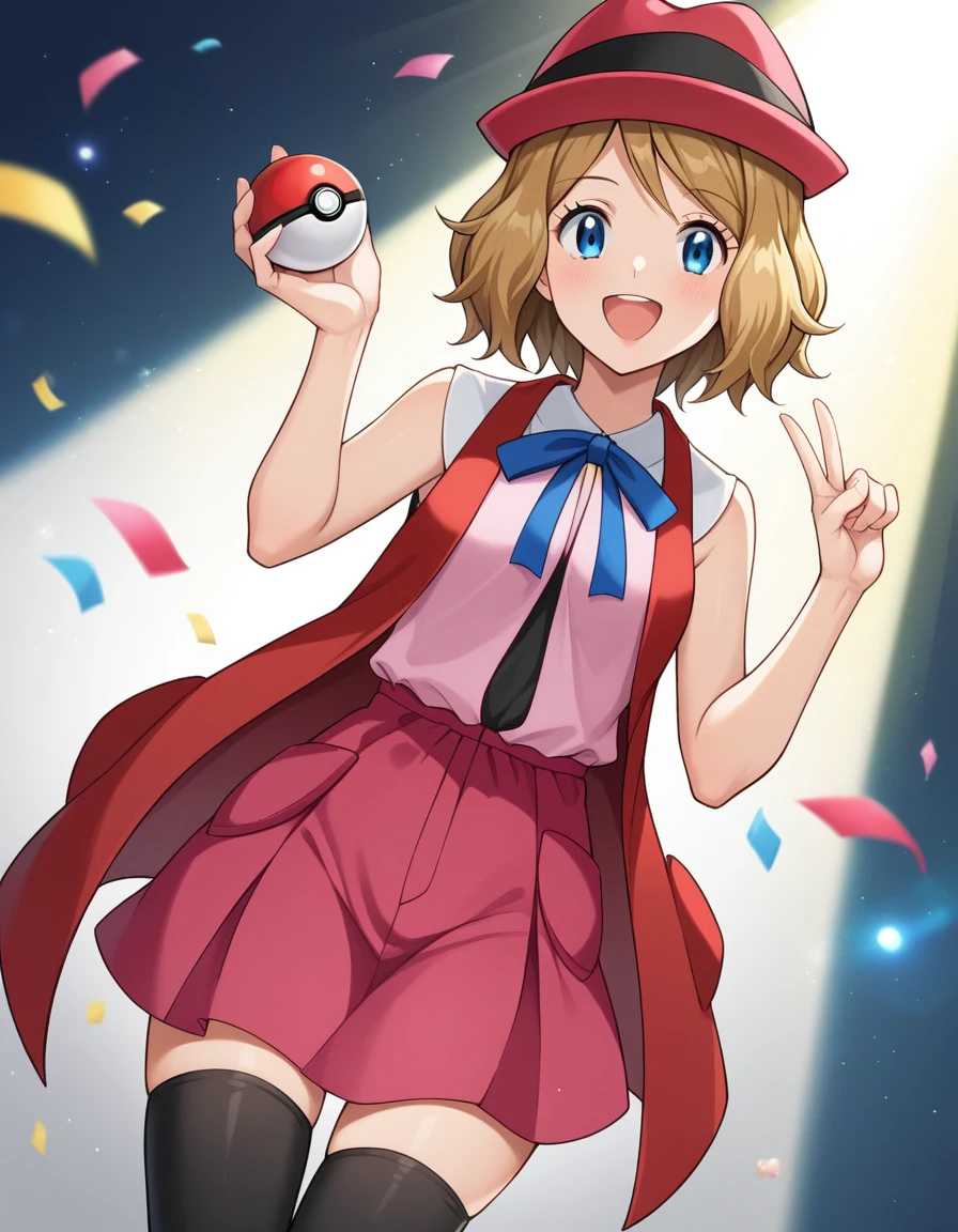 score_9, score_8_up, score_7_up, source_anime, rating_safe, BREAK serena \(pokemon\), 1girl, blue eyes, eyelashes, short hair, blonde hair, hat, neck ribbon, blue ribbon, pink shirt, sleeveless, bare arms, red jacket, pink skirt, black thighhighs, dutch angle, hand up, smile, happy, open mouth, holding poke ball, light particles, light rays, dutch angle, aura, backlighting, confetti, light particles, light rays, stage, stage lights, spot light